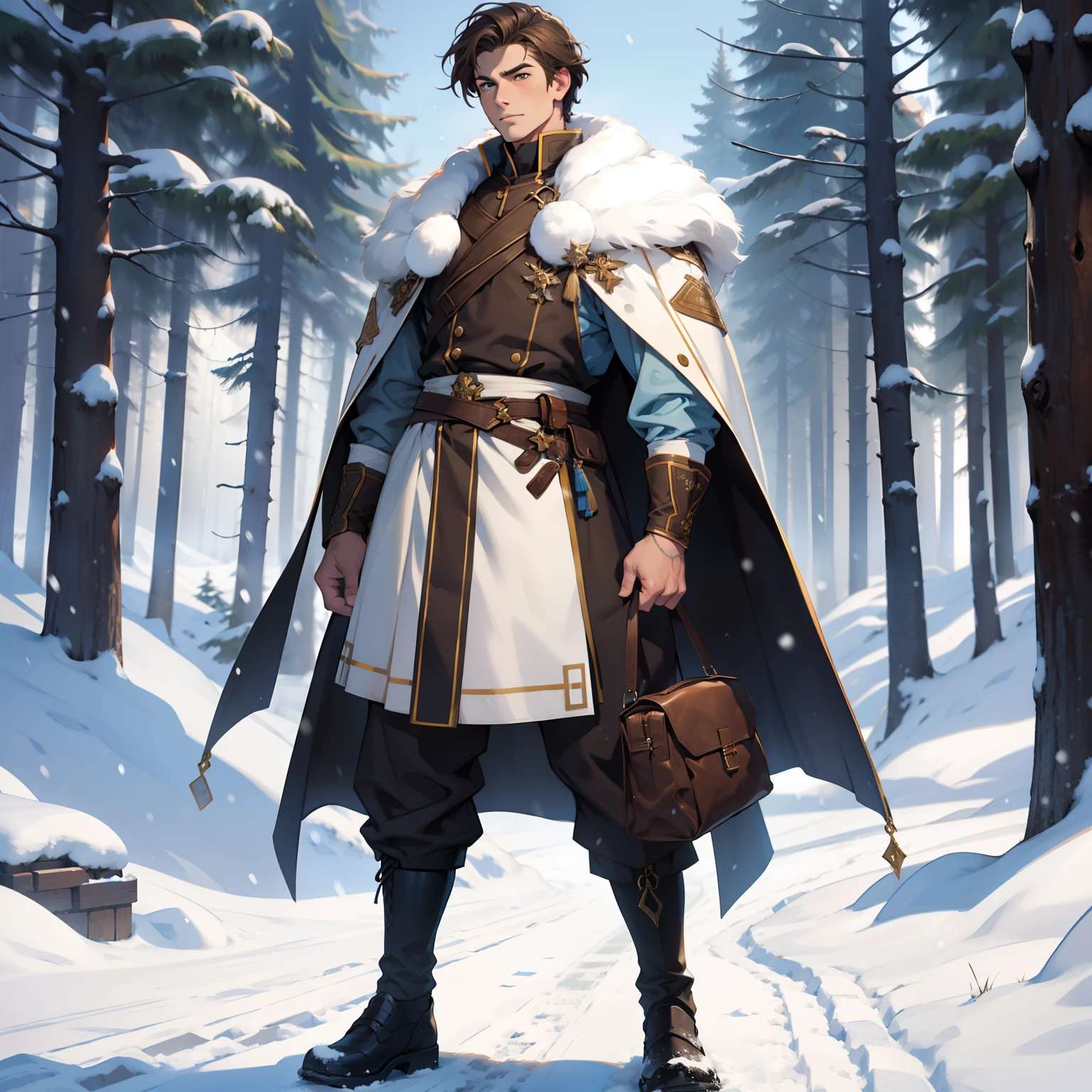 Man with Brown Hair at his shoulders. Snow Background. Full Body.