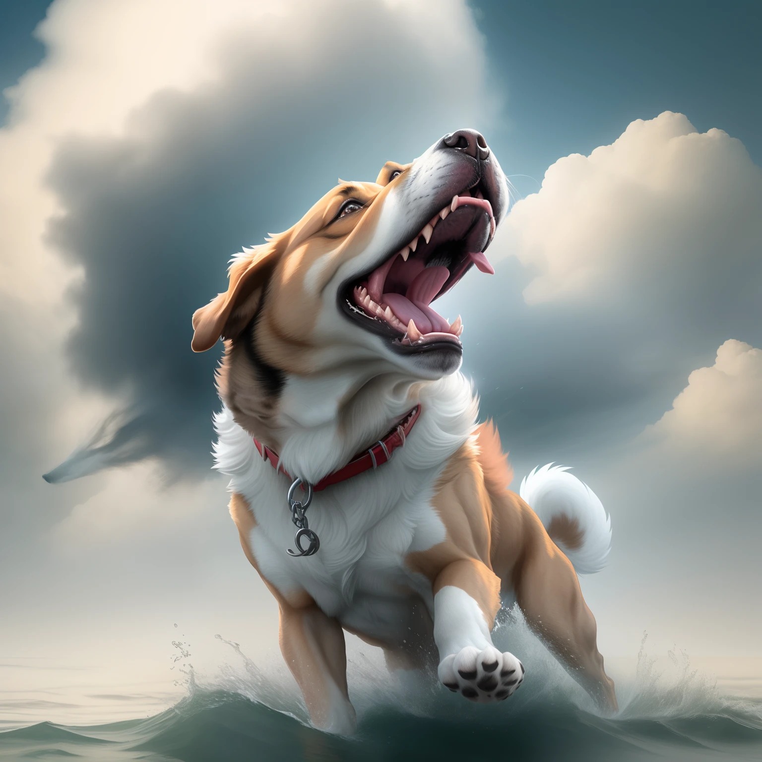 A dog roaring to the sky,only head shown from one side