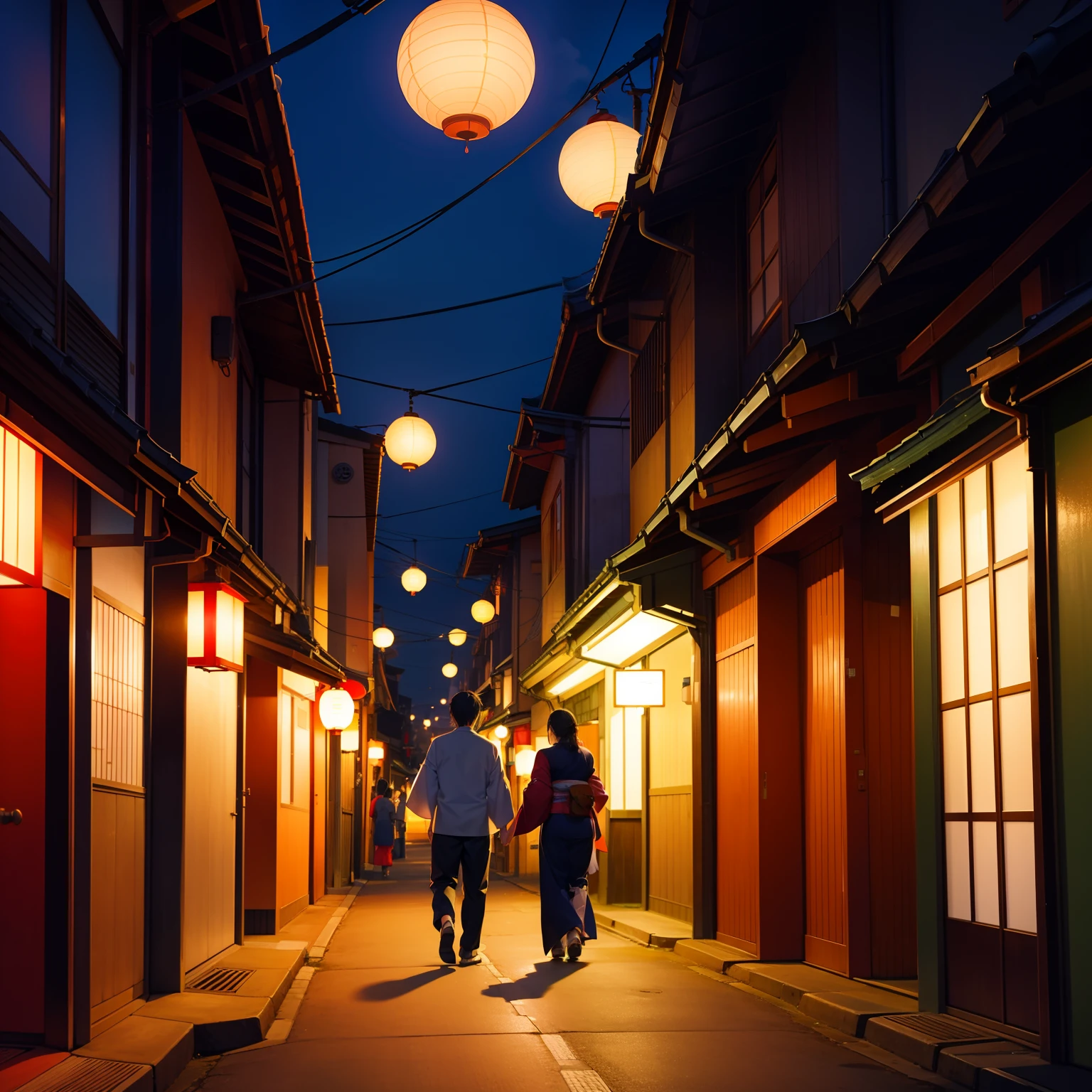 A Japanese street at night, bright colors, a loving couple