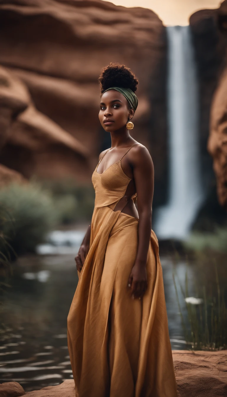 ultra-wide angle RAW photography of cute african girl on a waterfall, on background oasis in the dessert, water dress liquid clothes, realistic, depth of field, epic, wallpaper, detailed, intrincate, 8k hdr, golden ratio, asymmetry, masterpiece, best quality