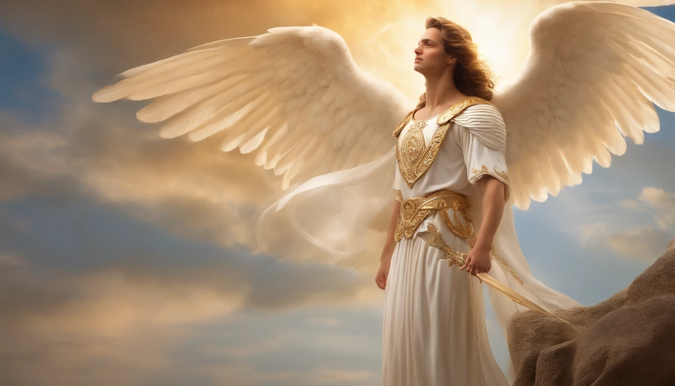 There is a painting of an angel with wings in the sky, Anjo majestoso de corpo inteiro, vestido com roupas brancas e vermelhas, biblical accurate angel, Arcanjo Miguel, anjo protegendo em guarda, angel spirit guide, angelic, Arcanjo Miguel, humano alado, epic angel wings, anjo lindo, anjo, being brilliant angelic, angelic, Tema de anjo, Alto Anjo tiro distante, Biblical setting, anjo guerreiro, with a spear in his hand, vestes vermelhas estilo soldado romano, anjo aparentando idade de 40 anos e majestoso, um personagem masculino, o arcanjo Miguel, imagem celestial, detalhes intricados, realista, asas ROSAS e grandes, angelic background, Catholic illustrative image of the archangel Michael, Male character of the Bible, Michael is wearing his angelic armor, cosmic background, Illumination in the Archangel and in the background, imagem do corpo todo do anjo, Maximum detail and his angelic face and wings, pele perfeita realista, Maximum image quality, Miguel ele esta destacado na imagem com cores fortes e chamativas.