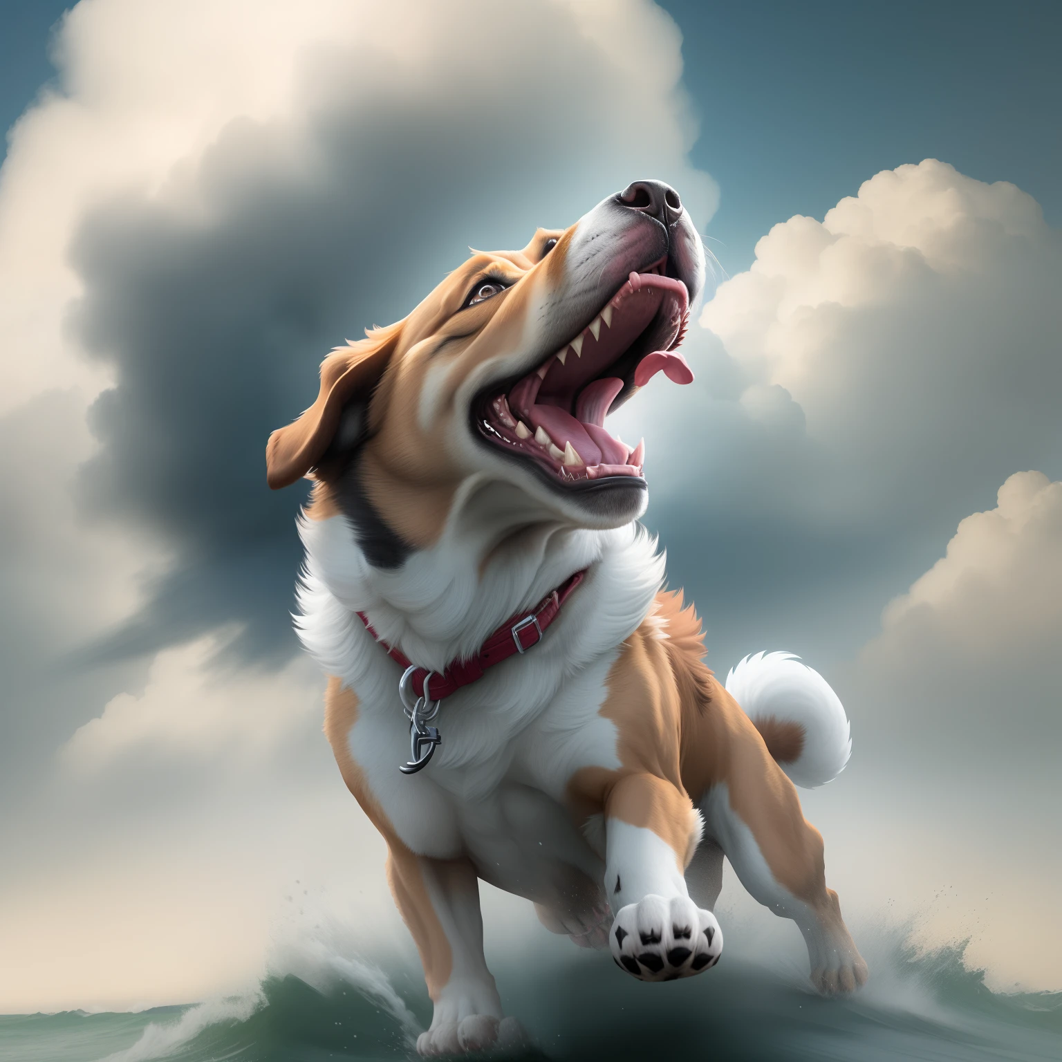 A dog roaring to the sky,only head shown from one side