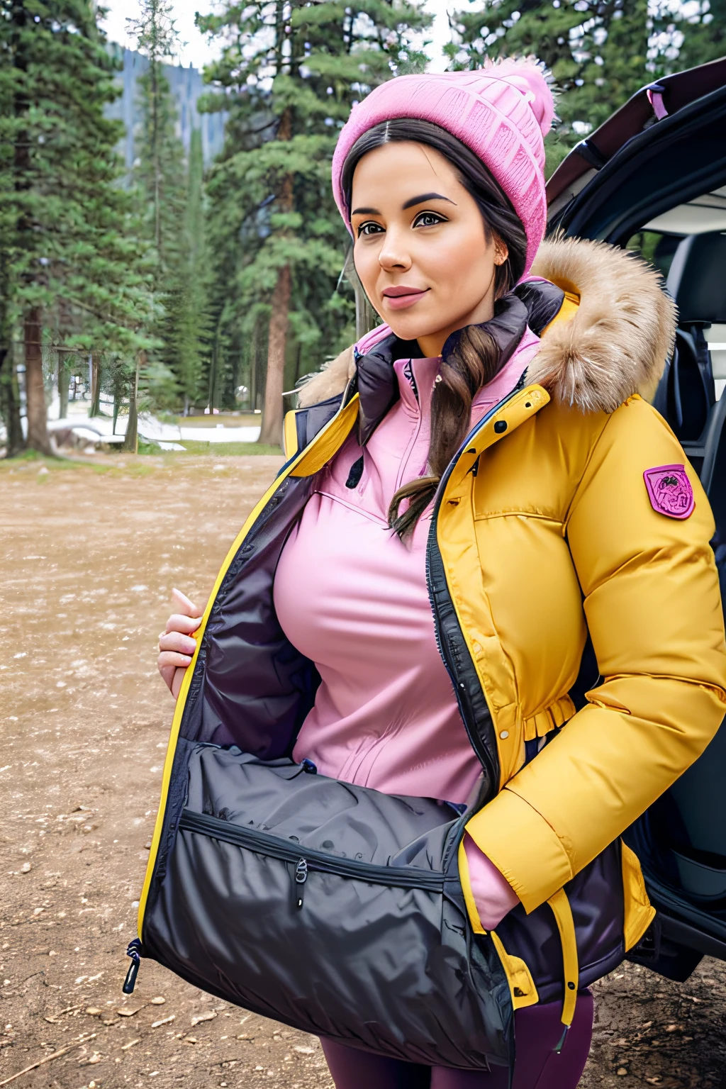 Make a woman with big breast, Pink long winterjacket , with open zipper, with face, body, Lakeside house, travel bag, yellow pants, camper, dog