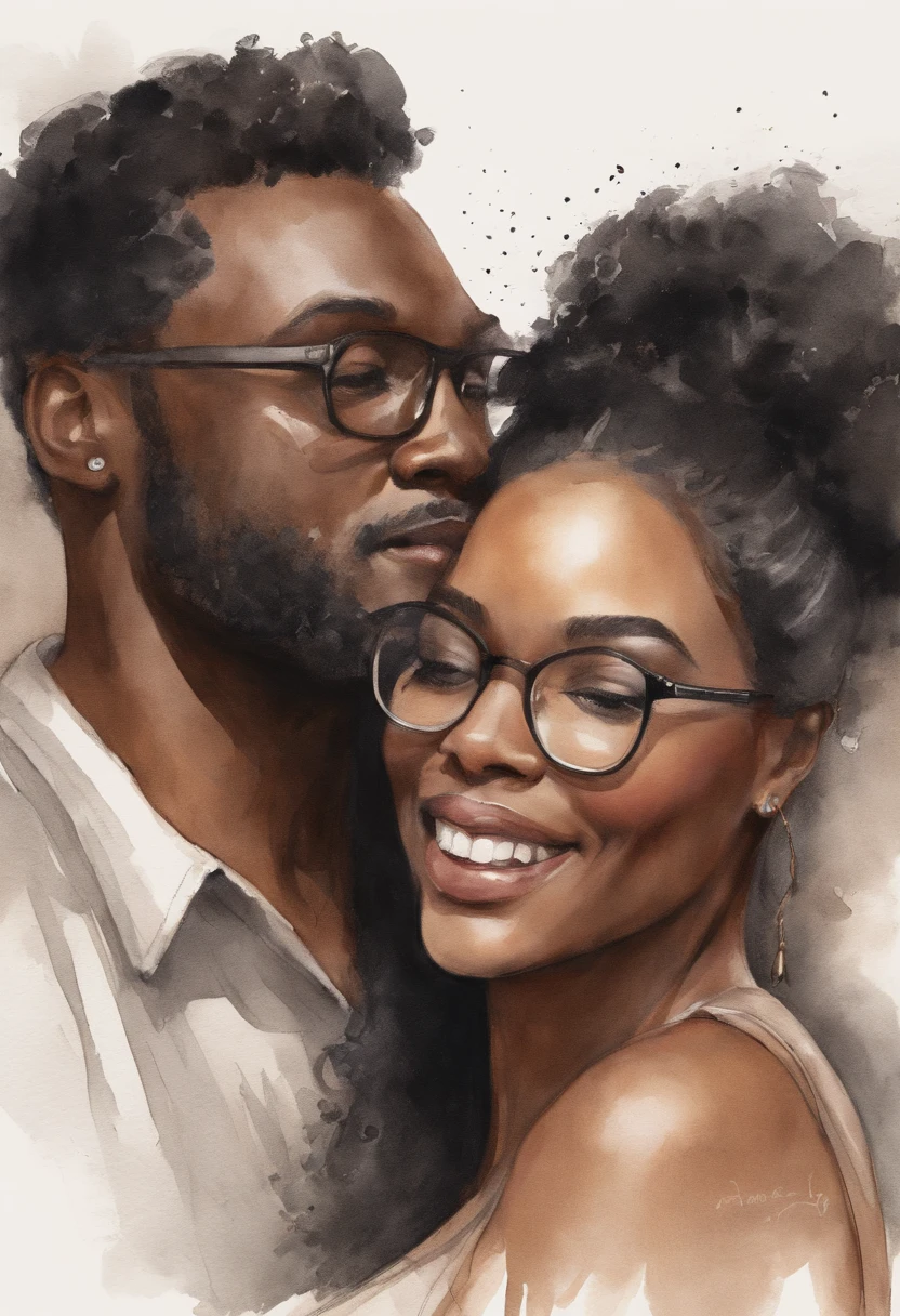 Drawing of a gorgeous black man and a brunette black woman with medium straight hair and wears glasses, detalhamento manual, detalhamento do dedo, detalhamento facial, sentado na cama, Charlie Bowater e Artgeem, He holds her in his arms, Enquanto ela dorme, inspirado em Magali Villeneuve, Edmund Blair e Charlie Bauer, capa de romance, cover illustration, Farnrun, Arte publicada, Commission for High Res, fanart detalhado, Melodrama Fantasia, inacabado