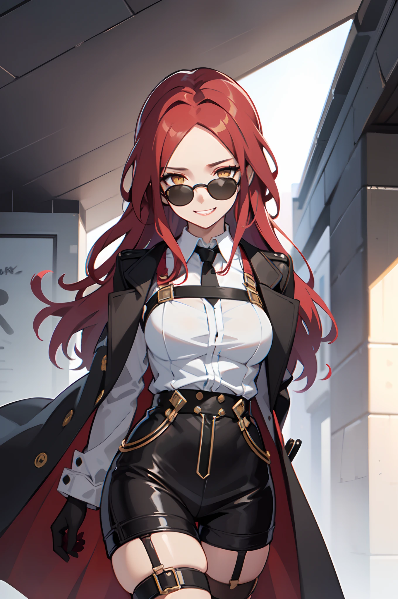 1girl, young woman, solo, long hair, big hair, (forehead:1.13), (round sunglasses:1.2), yellow eyes, scarlet red hair, medium breasts, grin, (overcoat, black coat, open coat:1.2), white shirt, collared shirt, (chest harness, shoulder strap:1.15), black leather shorts, garter belt, gloves, elegant, arms behind back, looking at viewer, standing,, ((close-up)), face only, cowboy shot, masterpiece, best quality, 4k