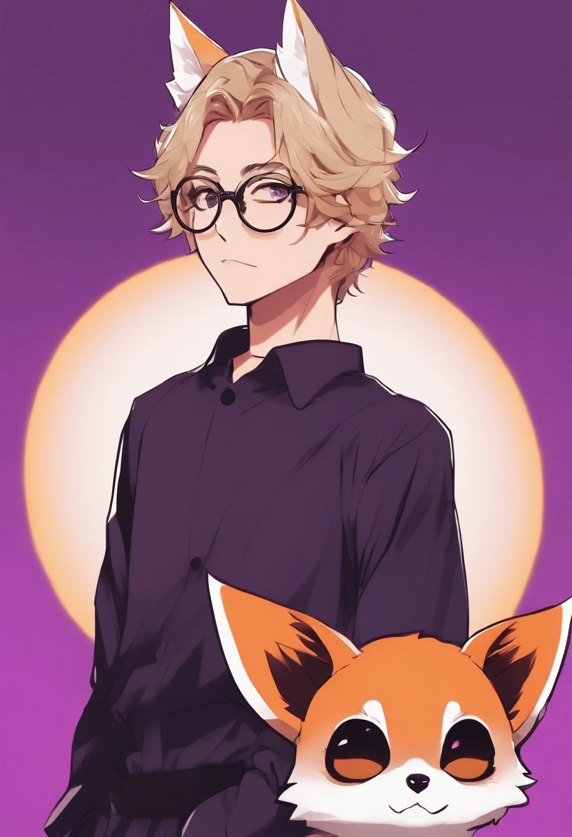 Anime boy with fox ears and round glasses in front of a circular purple background, estilo de arte de demon slayer, cara bonito na arte demon slayer, handsome Japanese Monio boy, estilo de arte arcano, raposa de anime bonita, demonio