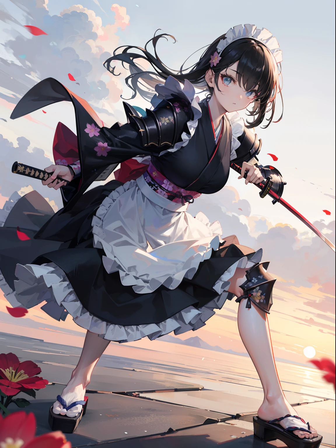 Best Quality, (Extremely detailed: 1.5), masutepiece, 超A high resolution,(photographrealistic:1.4), 1 beautiful girl, Cowboy Shot, (Wear battle armor:1.4), (Wear battle armor:1.6), (Floral part Terund black kimono:1.6), (maid:1.6), Black Maid Micro Skirt, holding a katana, Long straight hair, Hair over one eye,(Big eyes:1.1), Black hair, (Raw feet:1.3),Wind, Dynamic Angle, Dynamic Pose