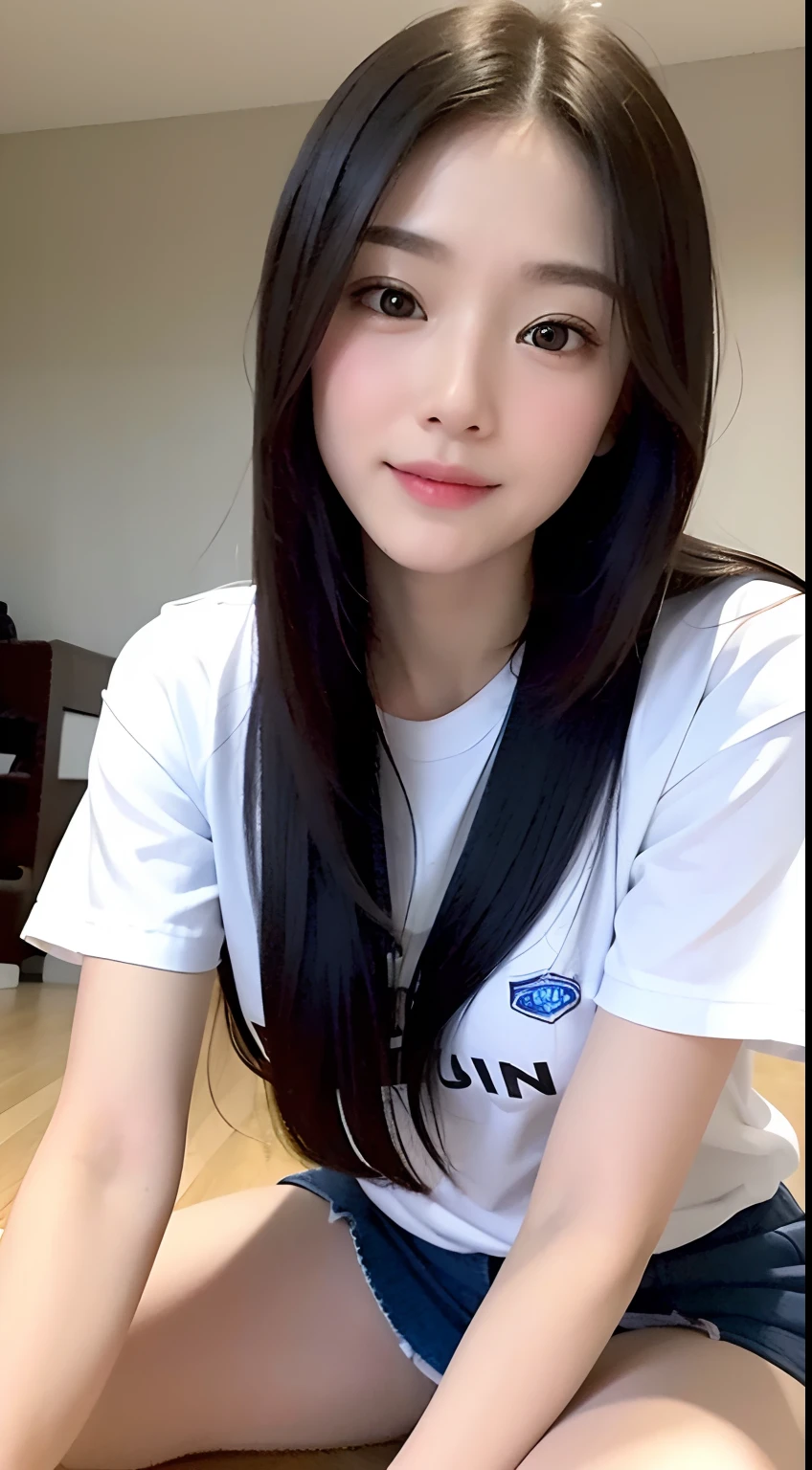 (yinchuan:1.5), close-up, masterpiece, best quality, raw photo, photorealistic, g-cup big, beautiful face, soft smiling girl, cute, white t-shirt, super mini skirt, beautiful long legs, middle hair depth of field, high resolution, ultra detail, fine detail, very detailed, highly detailed eyes and face, sharp pupils, realistic pupils,