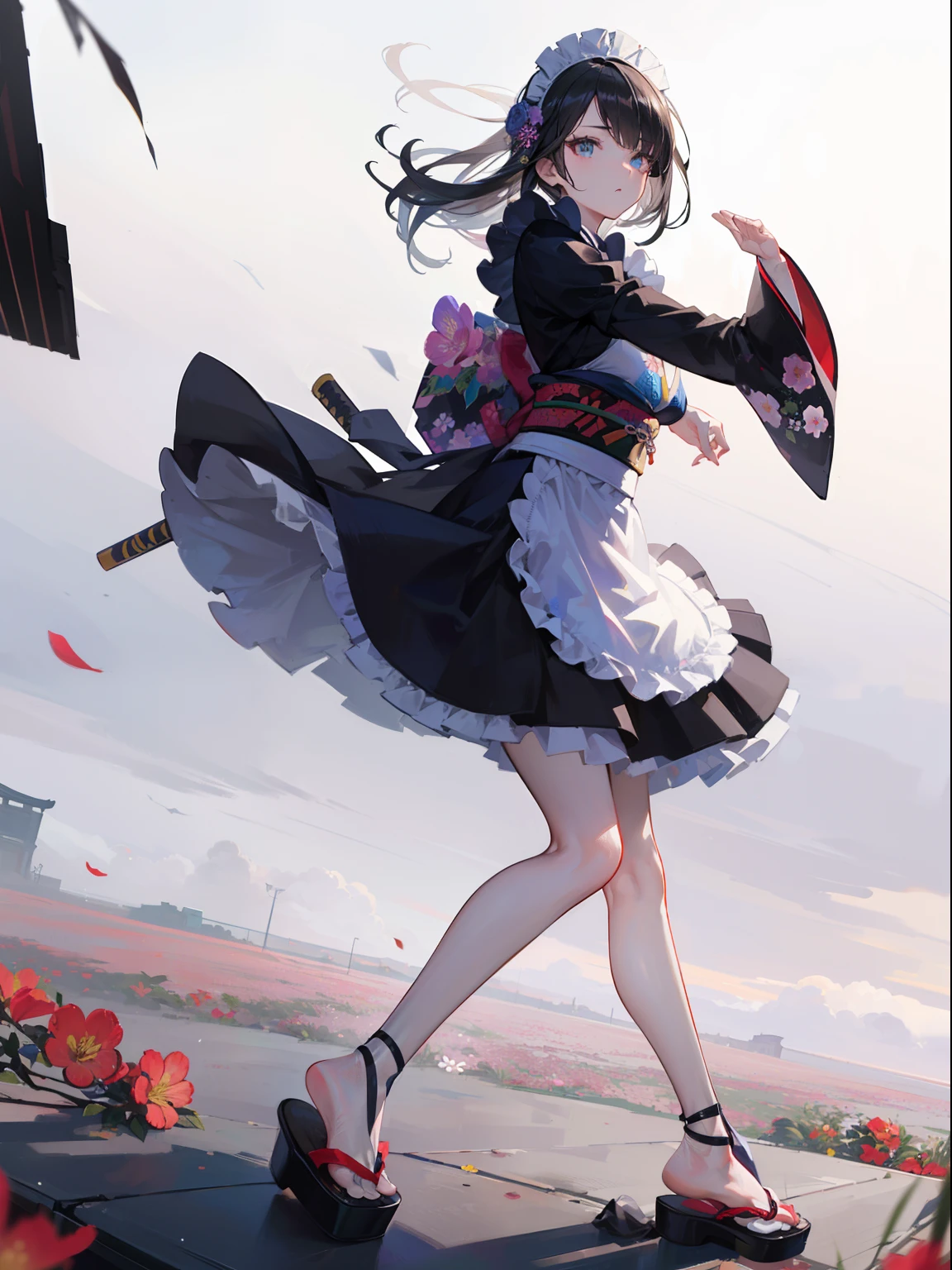 Best Quality, (Extremely detailed: 1.5), masutepiece, 超A high resolution,(photographrealistic:1.4), 1 beautiful girl, Cowboy Shot, (Wear battle armor:1.4), (Wear battle armor:1.6), (Floral part Terund black kimono:1.6), (maid:1.6), Black Maid Micro Skirt, holding a katana, Long straight hair, Hair over one eye,(Big eyes:1.1), Black hair, (Raw feet:1.3),Wind, Dynamic Angle, Dynamic Pose