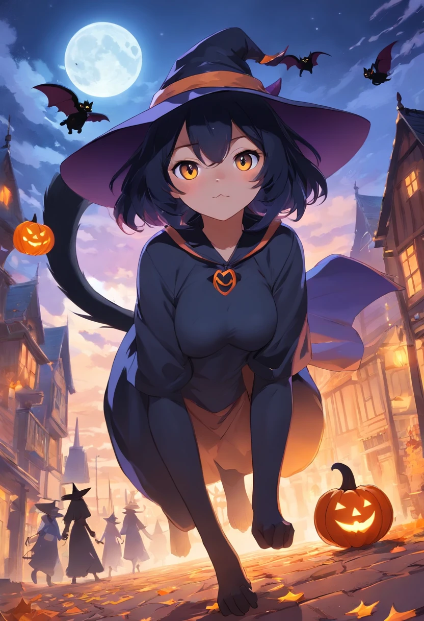 a black cat with black eyes, a serious look
in a Halloween hat, a background with witches on broomsticks flying through the air., Mysterious