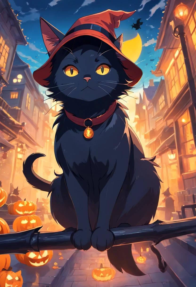 a black cat with black eyes, a serious look
in a Halloween hat, a background with witches on broomsticks flying through the air., Mysterious
