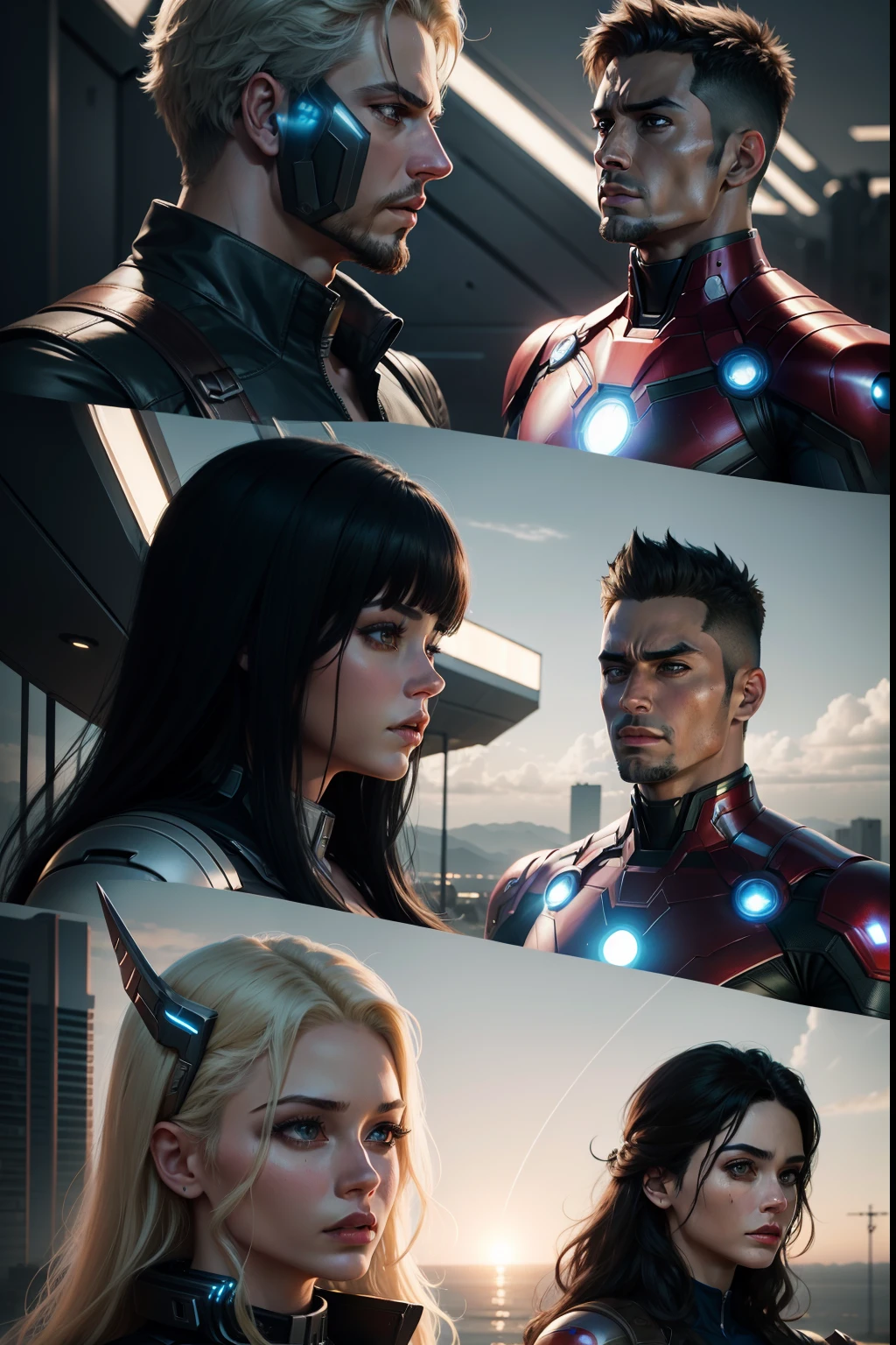 Group of Avengers Marvel heroes as futuristic and alternative versions with hi-tech military technology