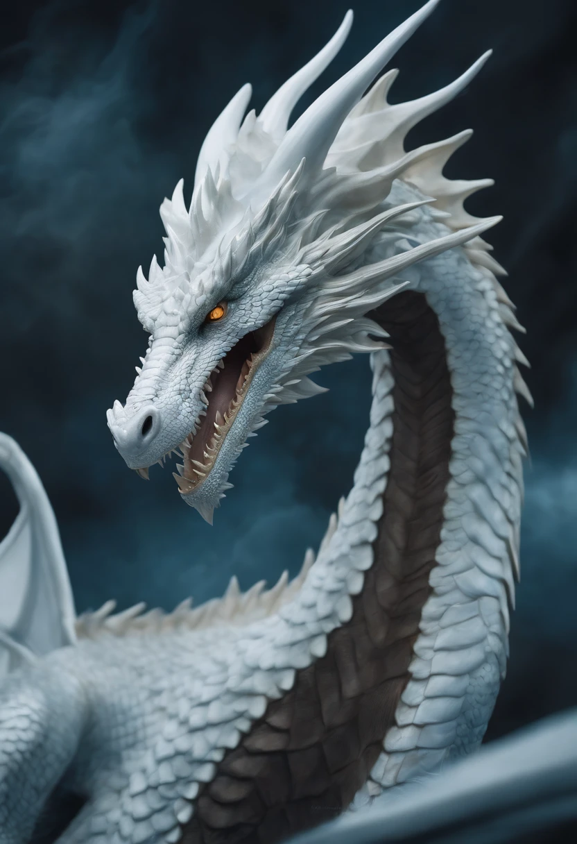 Heavenly-looking white eastern dragon, It has no wings, His look is aggressive, His eyes are white and bright, Digital illustration of video game characters