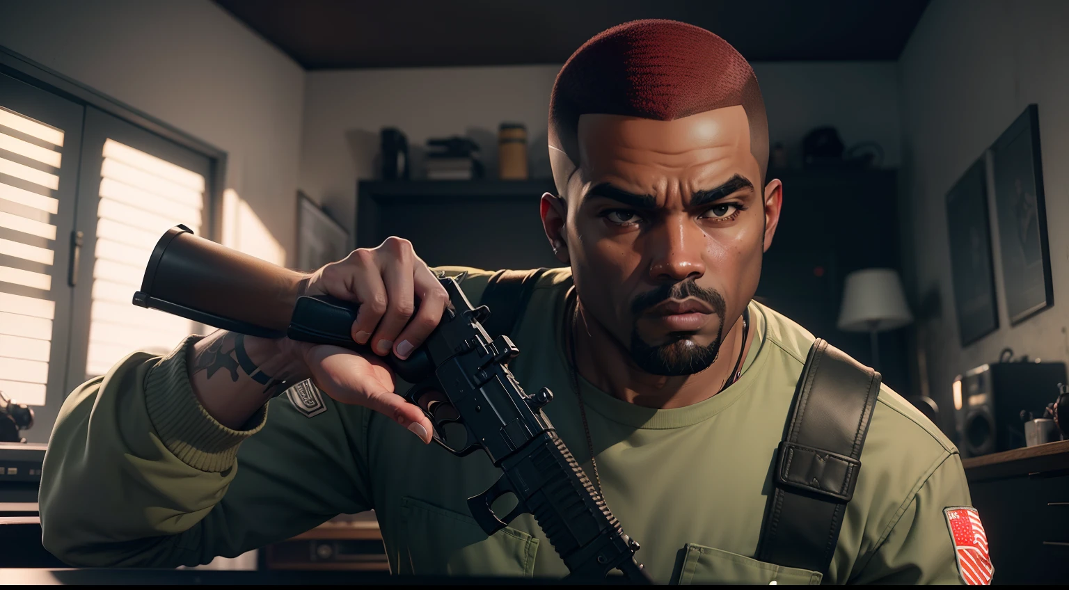 Army Clothing Man, gta personagem, Como o protagonista de GTA 5, GTA V Estilo, como um personagem de gtav, corte de cabelo red,cabelo red,Kanye West em GTA v, Estilo GTA5, gta v personagem, empunhando fuzil de assalto,rifle in hand ,fuzil AK-47 ,gta 5 tom de pele negro,