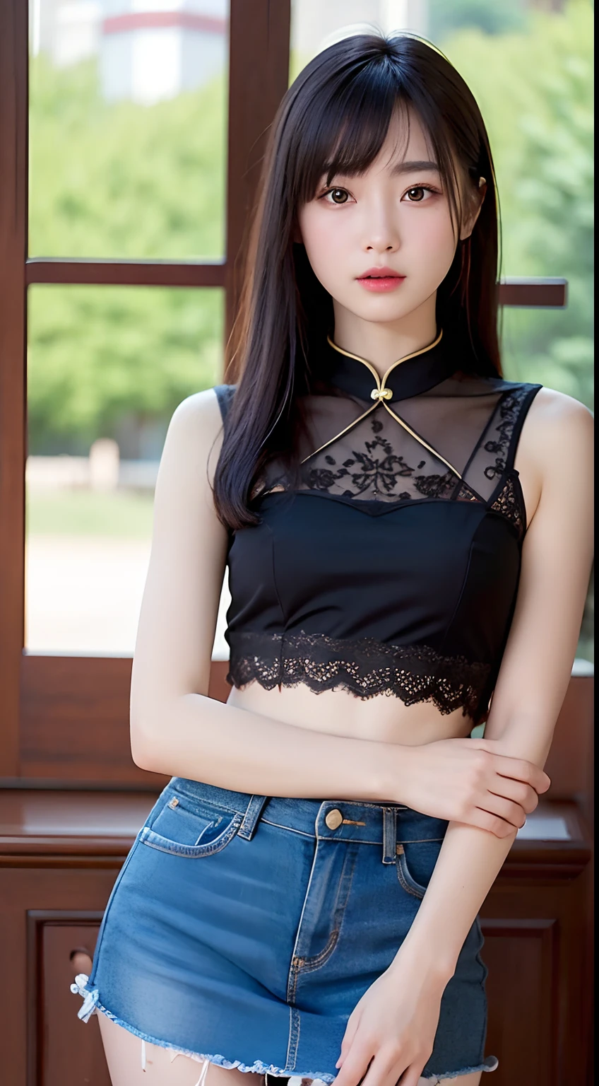 (yinchuan:1.5), a closeup, ​masterpiece, top-quality, Raw foto, Photorealsitic, G Cup Big、beautiful countenance,  Girl with soft smile, cute little, Tank tops、Ultra mini skirt、Beautiful long legs、Middle Hair Depth of Field, hight resolution, ultra-detailliert, finely detail, ighly detailed, extremely detailed eye and face, Sharp pupils, Realistic pupils,