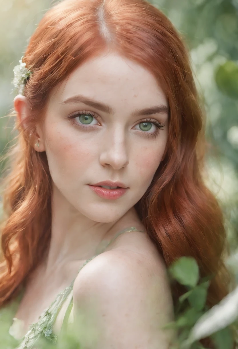 (watercolor: 1.2), elf princess, flower, freckles, bangs, redhead, long hair, green eyes, hair between eyes, flower earrings, blurred background, high resolution