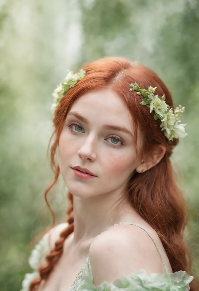 (watercolor: 1.2), elf princess, flower, freckles, bangs, redhead, long hair, green eyes, hair between eyes, flower earrings, blurred background, high resolution