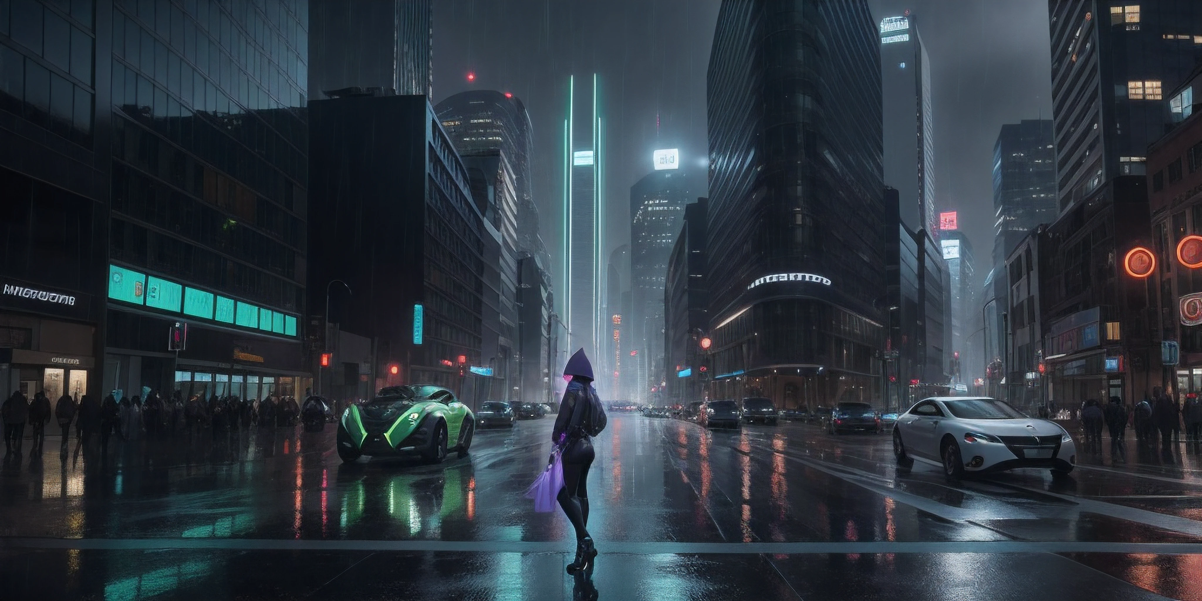 Crea la imagen de muchos androides transitando por una ciudad futurista, trabajando, conversando, paseando. Bajo la lluvia, full of buildings of very stylized designs, en tonos azules, violetas y verdes. 8K, hiperrealista, Long shutter style.