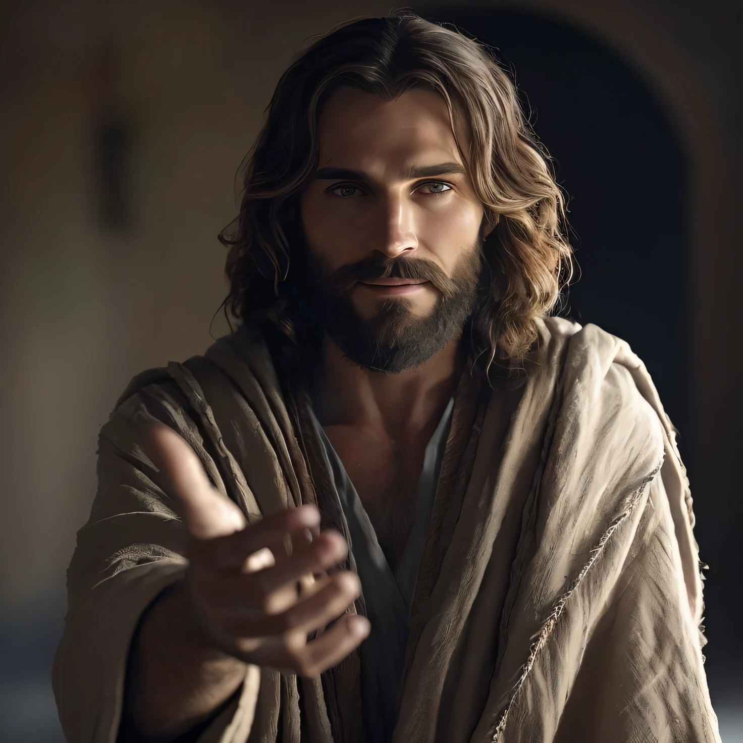 a close up of a man with a beard and a robe on, jesus christ, jesus, jesus of nazareth, he is greeting you warmly, nicodemus, greg olsen, portrait of jesus christ, dressed like jesus christ, jesus face, jesus christ smoking a blunt, tron legacy jesus christ, tron legacy jesus, the lord and savior