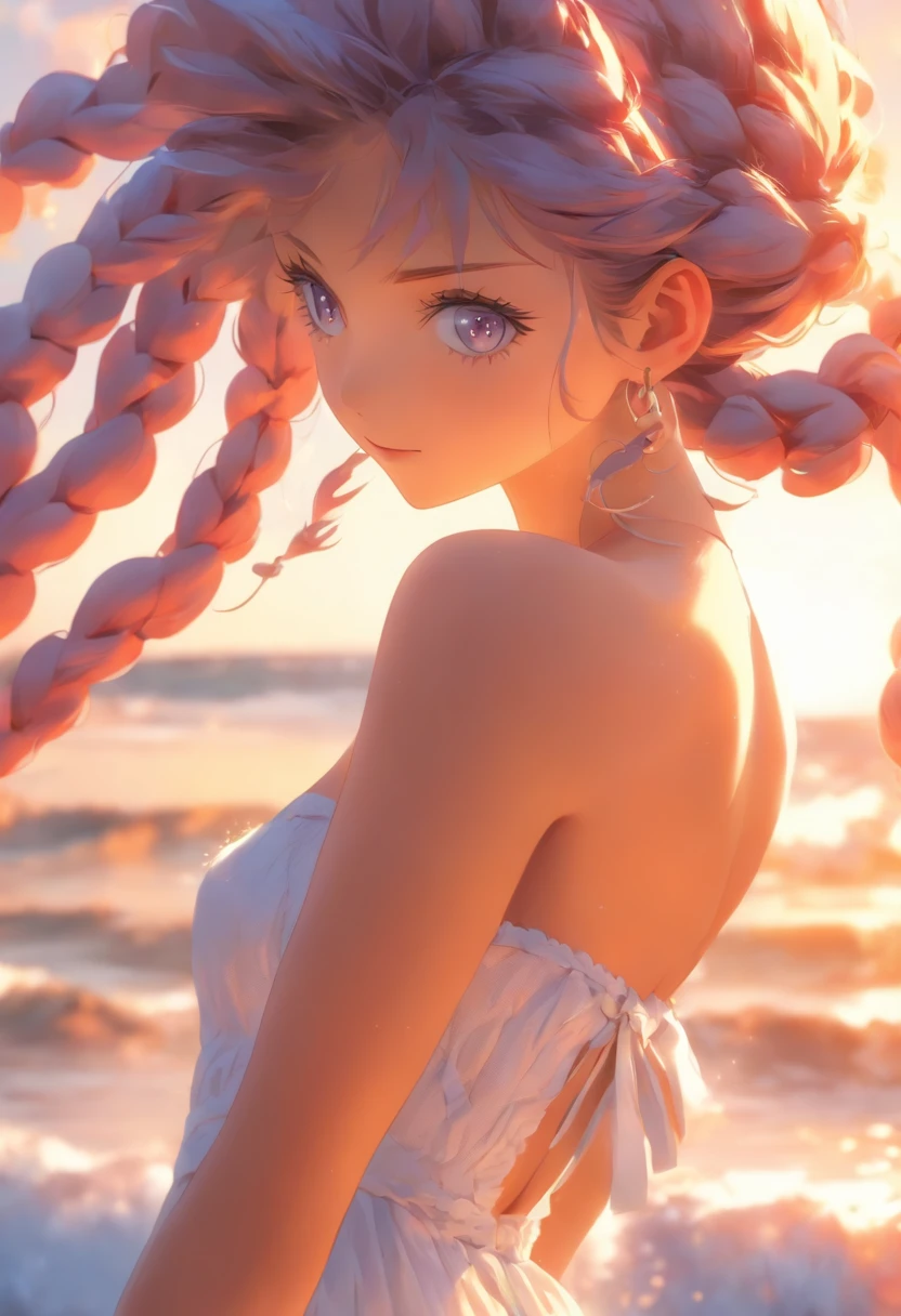 1girll,A high resolution, High quality, Masterpiece, mxmkWhiteDress, bare shoulders, Purple eyes, White dress, Braid, impact, beach