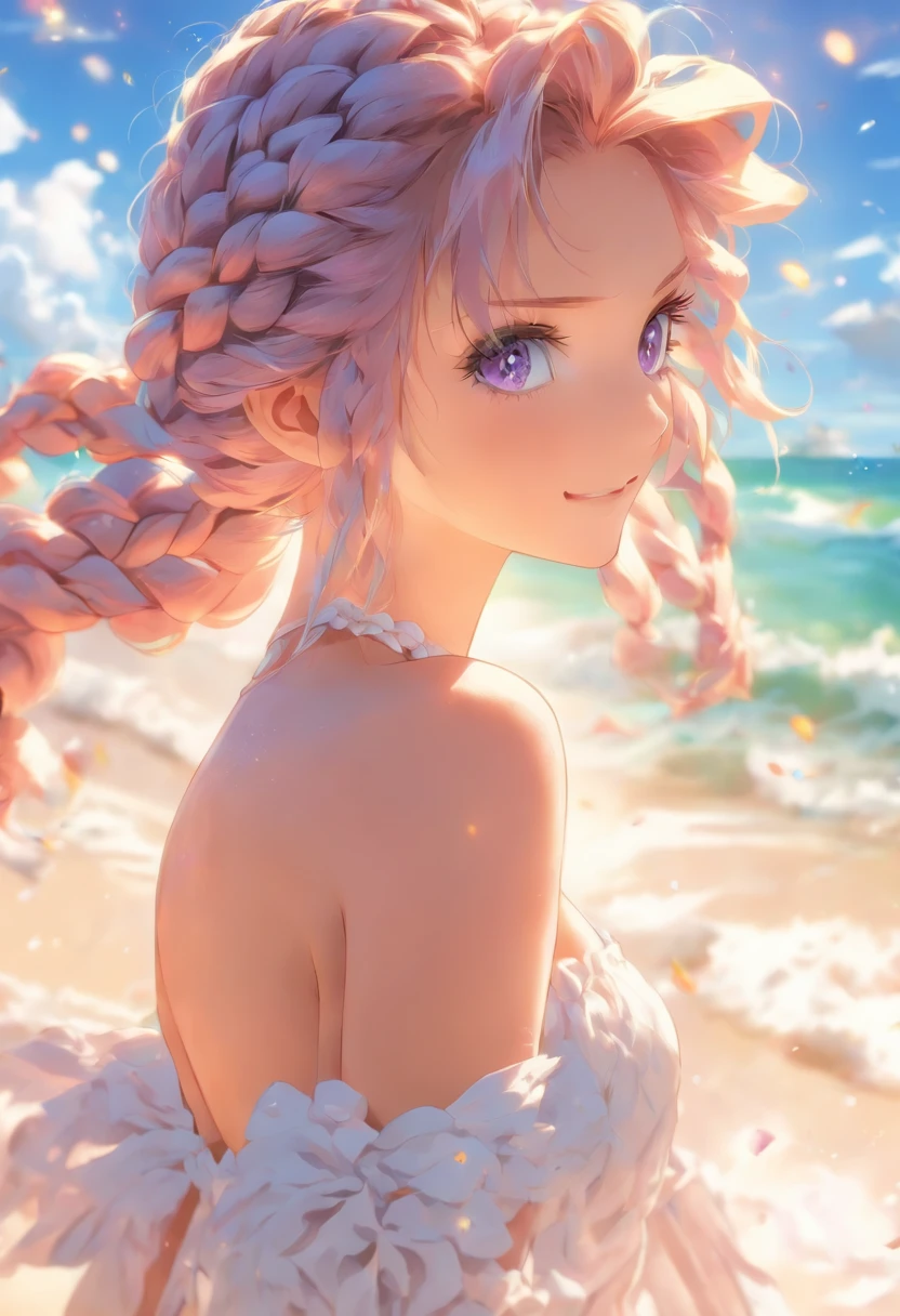 1girl,hight resolution,  hiquality,  Masterpiece, mxmkWhiteDress,  Bare Shoulder, violet eyes, whitedress, braid, chocker, Beach