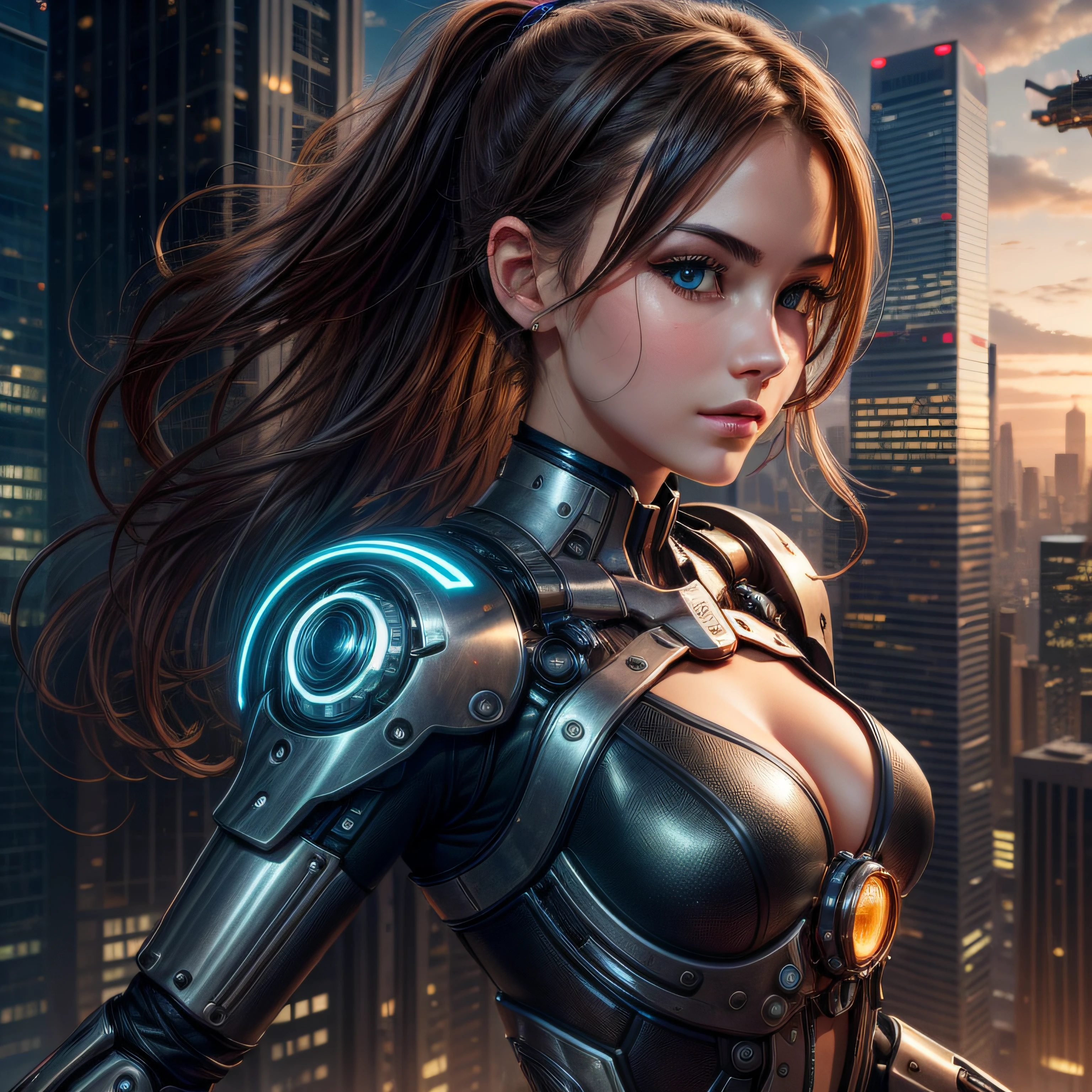 best quality, high_resolution,girl close-up , mechanical arms, cityscape