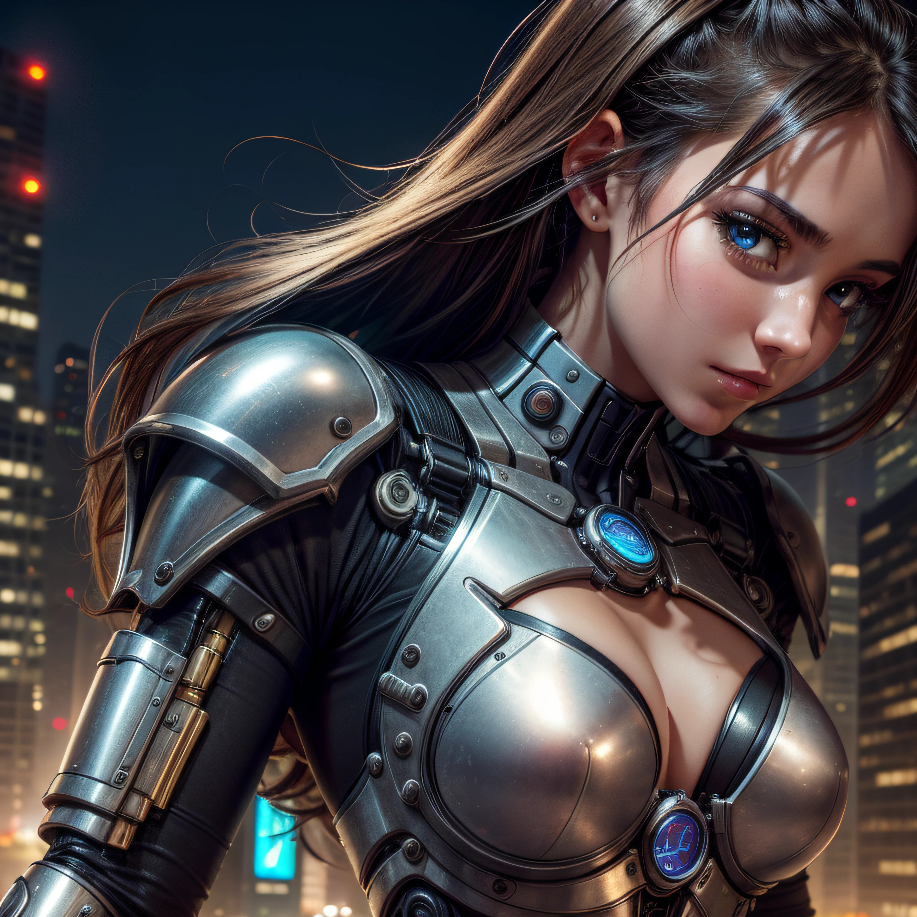 best quality, high_resolution,girl close-up , mechanical arms, cityscape