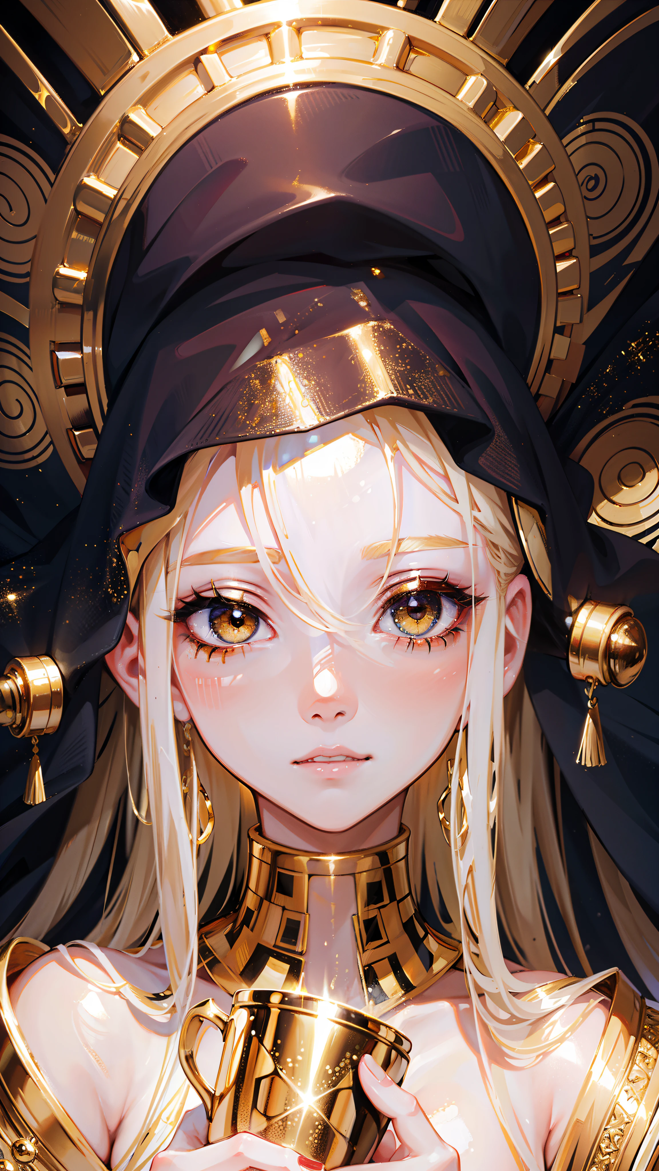 High quality. High details. 8K. Gold eyes. Holding a gold cup. Melting makeup. Crackled skin. Klimt. Esoteric. Power
