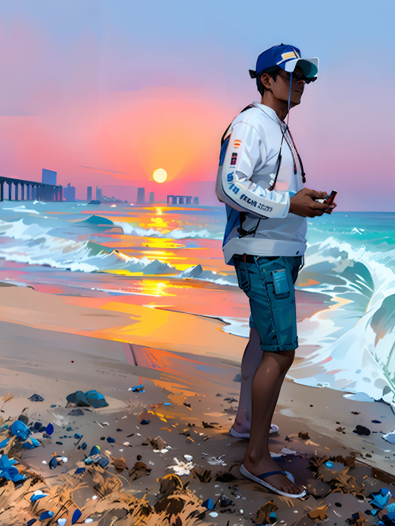 There's a man standing on the beach with a cell phone, standing at the beach, standing near the beach, anime ,realistic animation style,