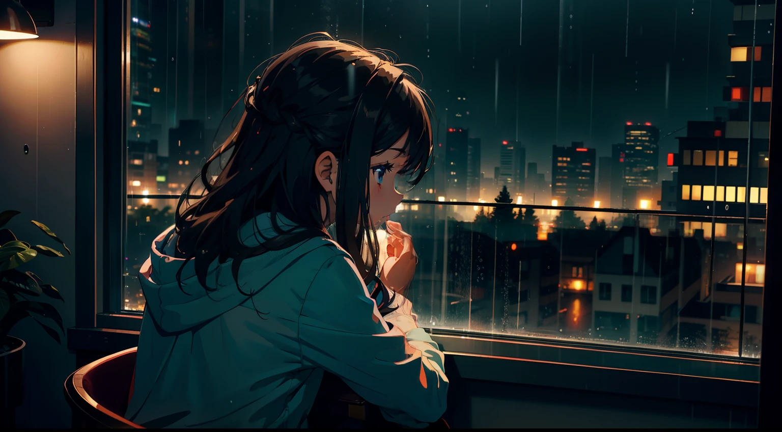 Girl, dark brown wavy hair. Girl Sitting in gamer chair and looks out the window. Out the window Night city street, rain, dark sky. Rain Drops run down the glass. warm, pleasant lighting. Camera behind the girl