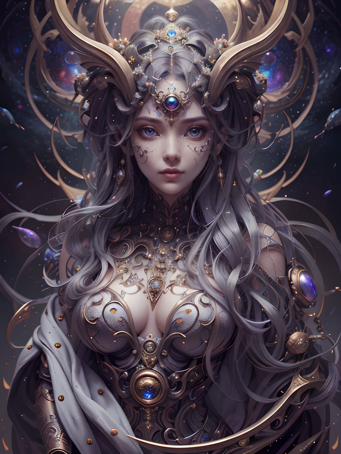 (best qualtiy,ultra - detailed,Most Best Illustration,Best shadow,tmasterpiece,A high resolution,professionalartwork,famousartwork),Detailed eyes,beautidful eyes,closeup cleavage,sci-fy,colored sclera,Robot eyes,face markings,Tattooed with,(fractalized,Fractal eyes),largeeyes,Wide eyes,(Eye focus),sface focus,Cosmic eyes,Space eyes,Close-up of metal sculpture of a woman with a moon in her hair,goddes。extremly high detail,3 d goddess portrait,Extremely detailed footage of the goddess,a stunning portrait of a goddess,Side image of the goddess,portrait of a beautiful goddess,Full body close-up portrait of the goddess,hecate goddess,portrait of a norse moon goddess,goddess of space and time