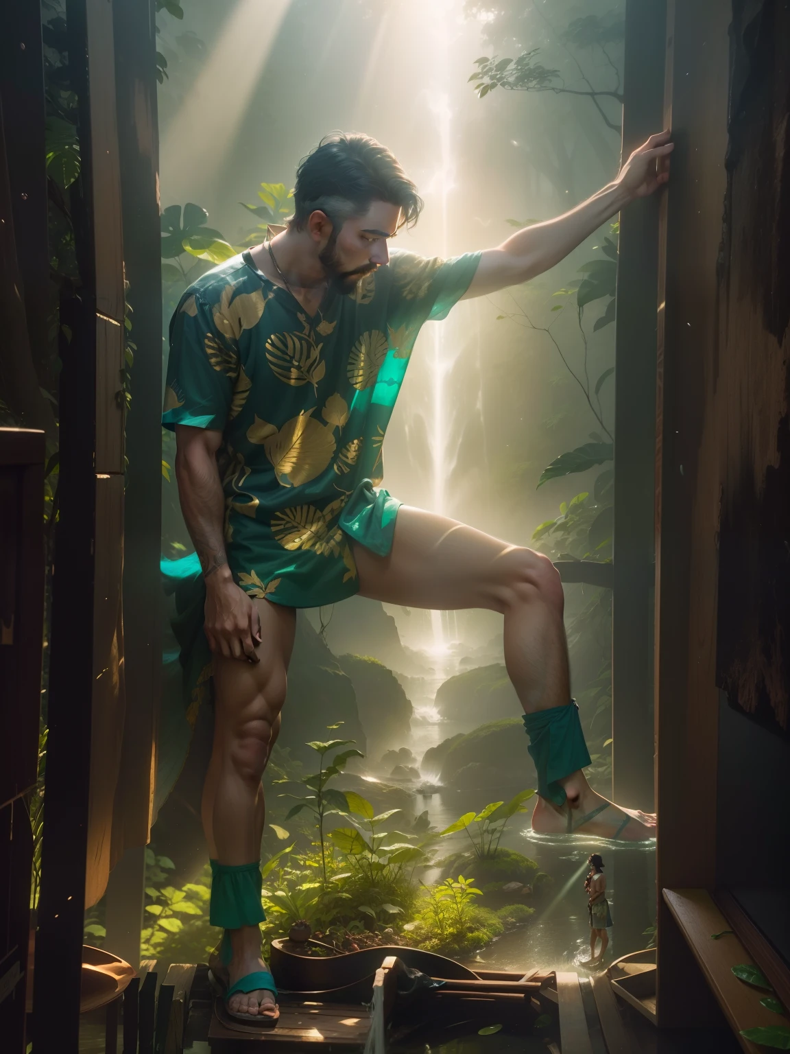 Undine, He is standing on a branch of a tree , water spirit this men liquid waring the picturecloth , rainforest, on background forest wildfires, RAW photo, fov, lens flare, god rays, overglaze, volumetric fog, cinematic light, depth of field, epic, realism, wallpaper, detailed, small details, intrincate, 8k hdr, golden ratio, asymmetry, masterpiece, best quality,The picture looks exactly like my picture , don't change my face