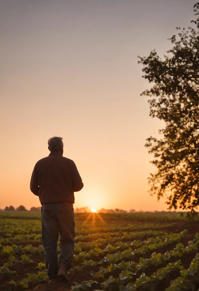 Silhouette of a man working in fields, against radiant sunset, captured from a distance, vast farm and sky dominating the frame, lone farmer's sharply defined outline, warm golden hues, dedicated labor, breathtaking sunset, descending sun, colorful sky, dramatic shadows, sprawling farm, fertile land, rural beauty, hardworking farmer, artistic interpretation.