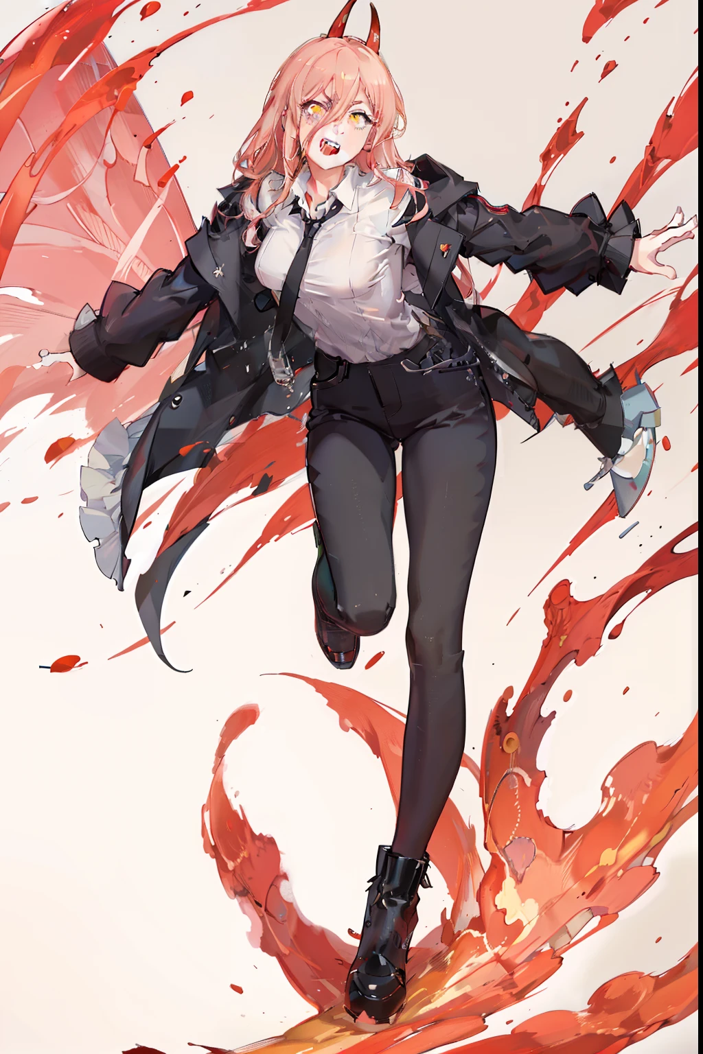 Masterpiece,1girl,solo,best quality, expressive eyes, adult female, perfect face, long pink blond hair, two red upright devil horns, red and yellow eyes with cross-pattern irises, very sharp teeth with fangs, childish drippy sneakers, white button-up shirt, black tie, black pants, black long coat, shirt loosely tucked in rolled up pants, unkempt look, messy look, cute face, cheeky expression, cocky expression, slender body, thin body, flat chest, power (chainsawman), black necktie, collared shirt, sharp teeth, teeth, pants, symbol-shaped pupils, cross-shaped pupils, beautiful, extremely gorgeous, gorgeous, perfect eyes, deep eyes, detailed eyes.