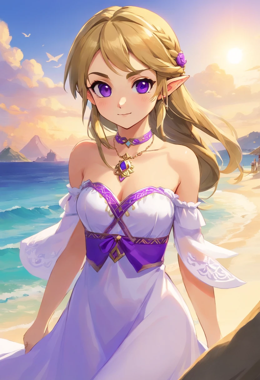 1girl,hight resolution, hiquality, Masterpiece, mxmkWhiteDress, Bare Shoulder, violet eyes, whitedress, braid, chocker, Beach