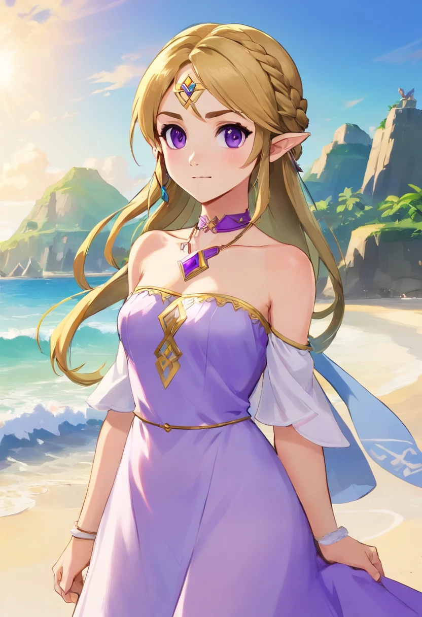 1girl,hight resolution,  hiquality,  Masterpiece, mxmkWhiteDress,  Bare Shoulder, violet eyes, whitedress, braid, chocker, Beach
