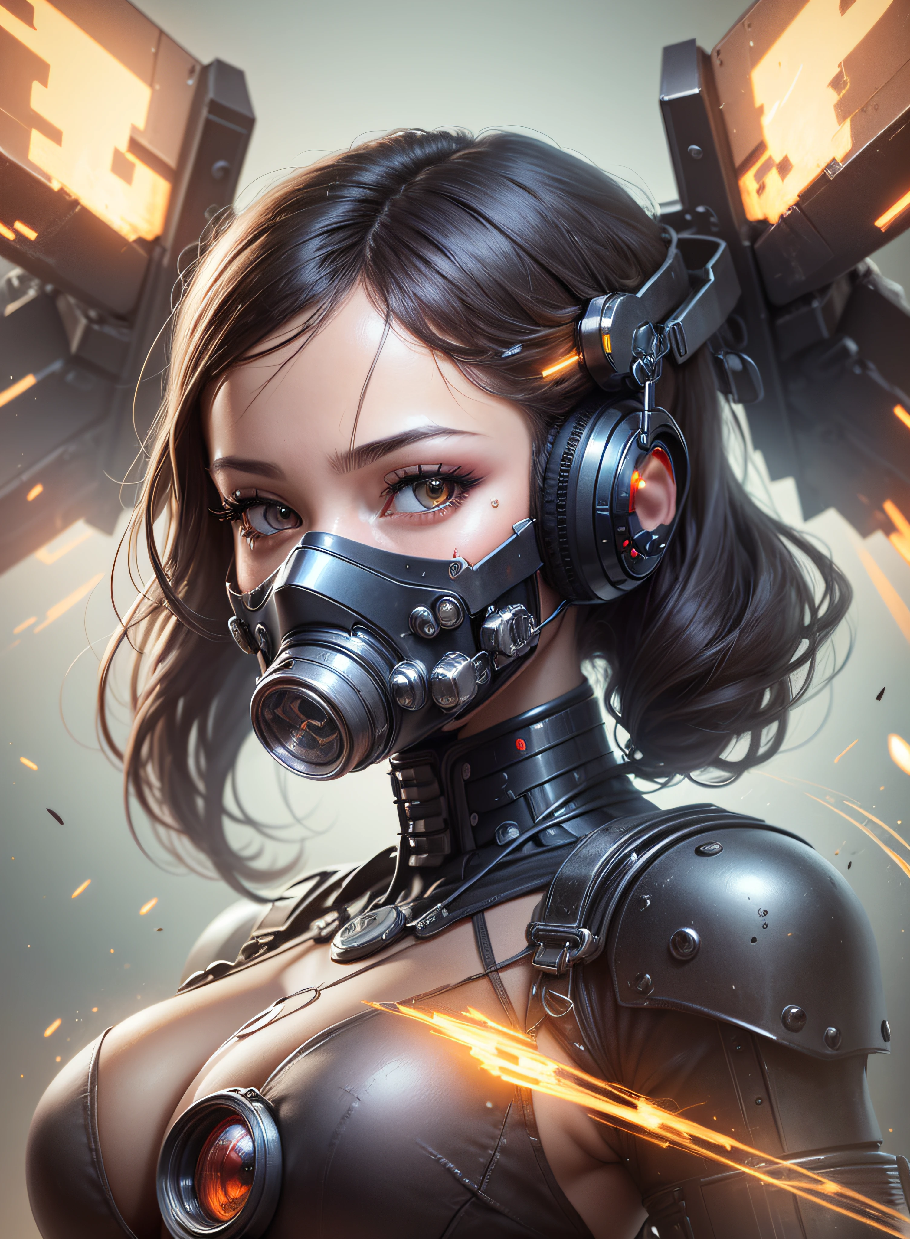 A woman in a gas mask with headphones and a gun - SeaArt AI