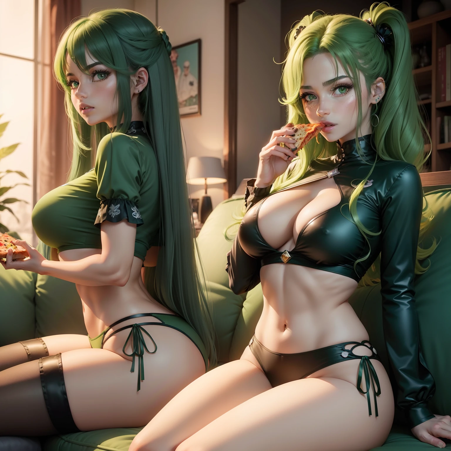 Pessonagem Feminina,c.c.,code geas (anime),cabelo (verde), olhos (verde), boca (aberta), comendo (pizza), sofa,blusa (branca), calcinha(verde), tatuada (perna),pelucia (amarela),4k hd, ultra radialista, super detalhada