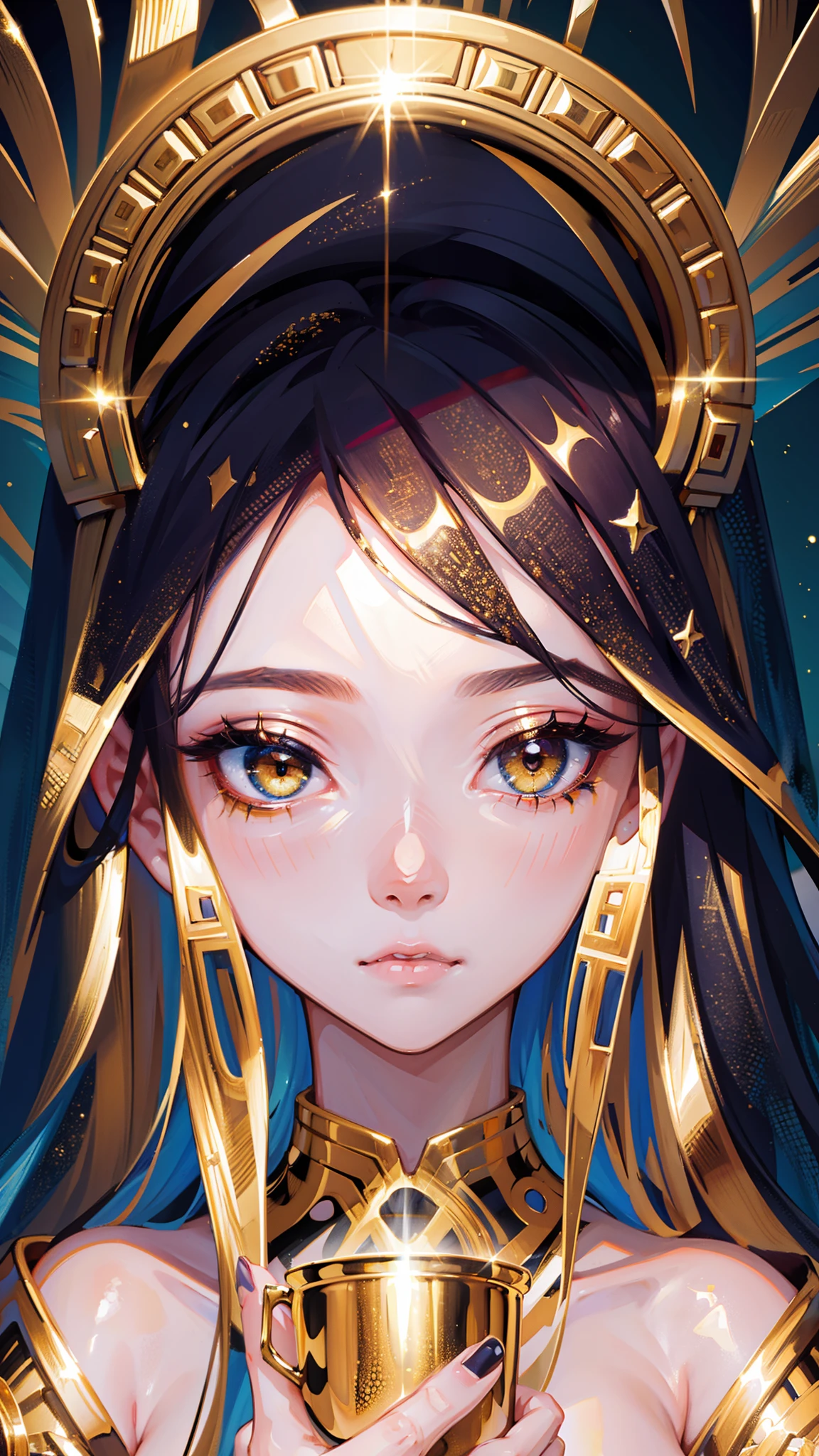 High quality. High details. 8K. Gold eyes. Holding a gold cup. Melting makeup. Crackled skin. Klimt. Esoteric. Power