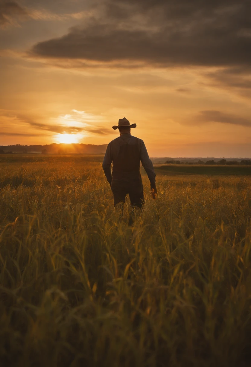 Silhouette of a man working in fields, against radiant sunset, captured from a distance, vast farm and sky dominating the frame, lone farmer's sharply defined outline, warm golden hues, dedicated labor, breathtaking sunset, descending sun, colorful sky, dramatic shadows, sprawling farm, fertile land, rural beauty, hardworking farmer, artistic interpretation, 8k, masterpiece, photorealism