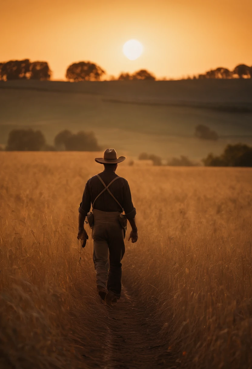 Silhouette of a man working in fields, against radiant sunset, captured from a distance, vast farm and sky dominating the frame, lone farmer's sharply defined outline, warm golden hues, dedicated labor, breathtaking sunset, descending sun, colorful sky, dramatic shadows, sprawling farm, fertile land, rural beauty, hardworking farmer, artistic interpretation, 8k, masterpiece, photorealism
