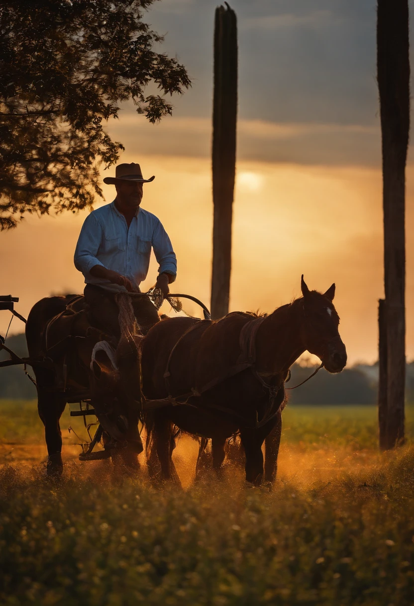 Silhouette of a man working in fields, against radiant sunset, captured from a distance, vast farm and sky dominating the frame, lone farmer's sharply defined outline, warm golden hues, dedicated labor, breathtaking sunset, descending sun, colorful sky, dramatic shadows, sprawling farm, fertile land, rural beauty, hardworking farmer, artistic interpretation, 8k, masterpiece, photorealism