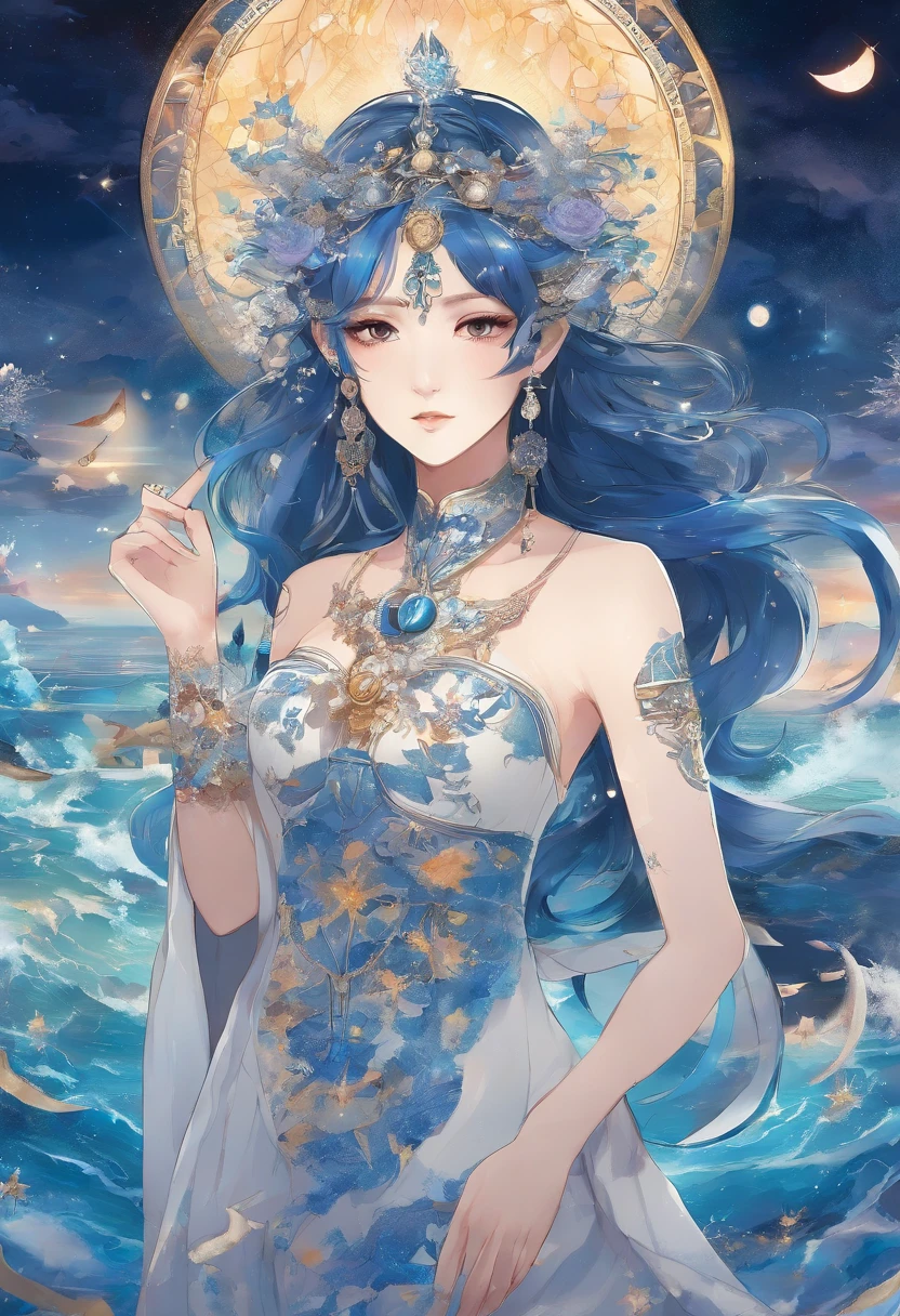 ( hiquality , Ultra Detailed, Be careful with your hand )Zodiac - Sagittarius goddess , Similar to Latin goodness . optimistic, Impartiality, Funny and intelligent face . Reckless, heartless, impatient, Self-confident style . dark blue eyes (eye details) , Dark blue hair with a trinket , transparent dress , In the ocean with the stars , Whole body , Fiery make-up , the god Chiron