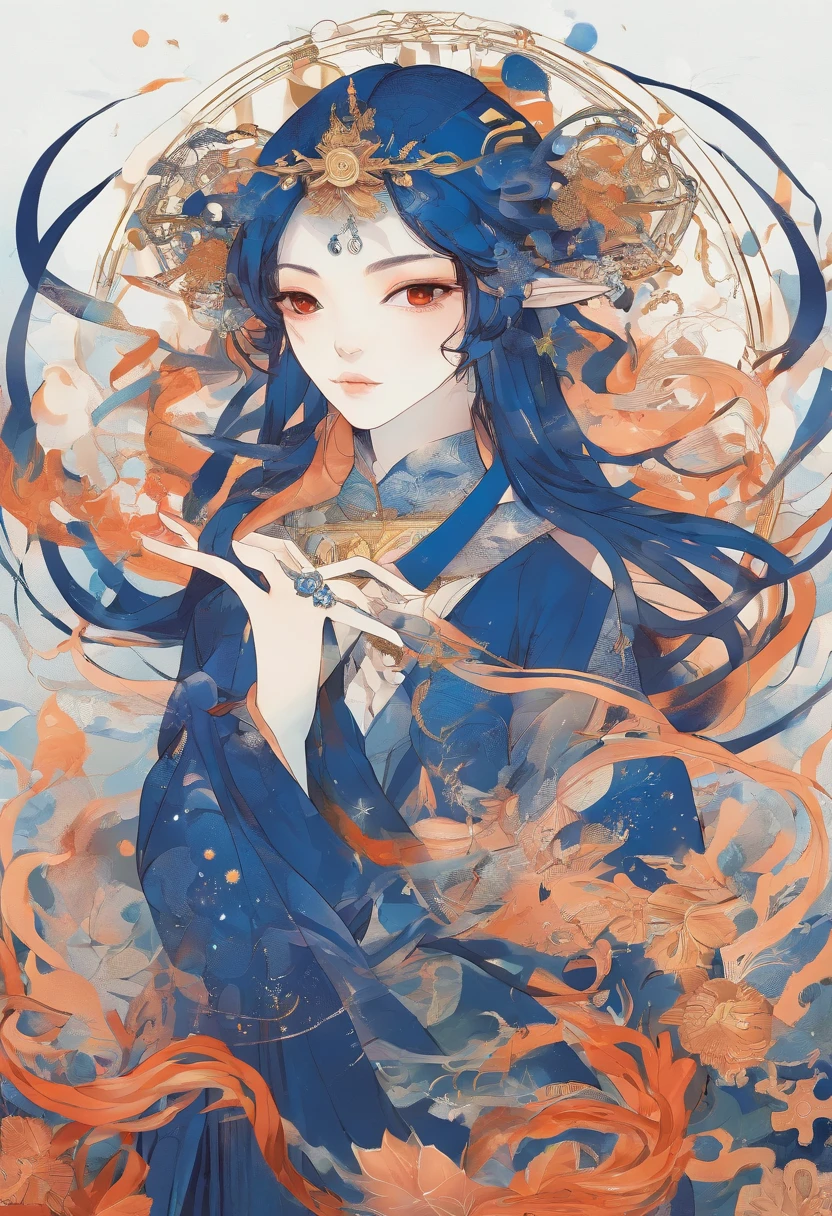 ( hiquality , Ultra Detailed, Be careful with your hand )Zodiac - Sagittarius goddess , Similar to Latin goodness . optimistic, Impartiality, Funny and intelligent face . Reckless, heartless, impatient, Self-confident style . dark blue eyes (eye details) , Dark blue hair with a trinket , transparent dress , In the ocean with the stars , Whole body , Fiery make-up , the god Chiron