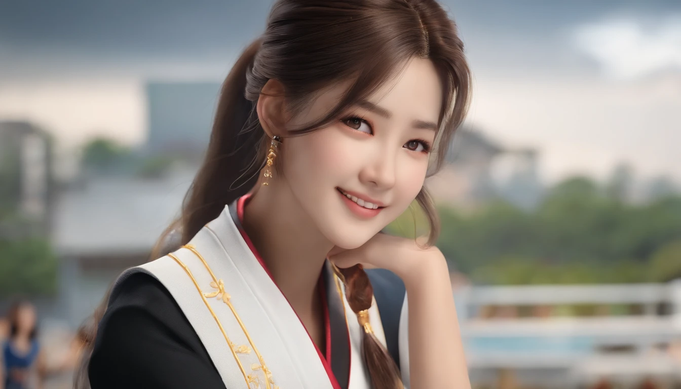 Sleeveless, pony tail, Japan girls, 8K, LAW Photos, Top Quality, Masterpiece, Realistic, Photorealistic super detail, one girls, Cute, The best smile, Beautiful eyes, hairlong, perfect facial features,