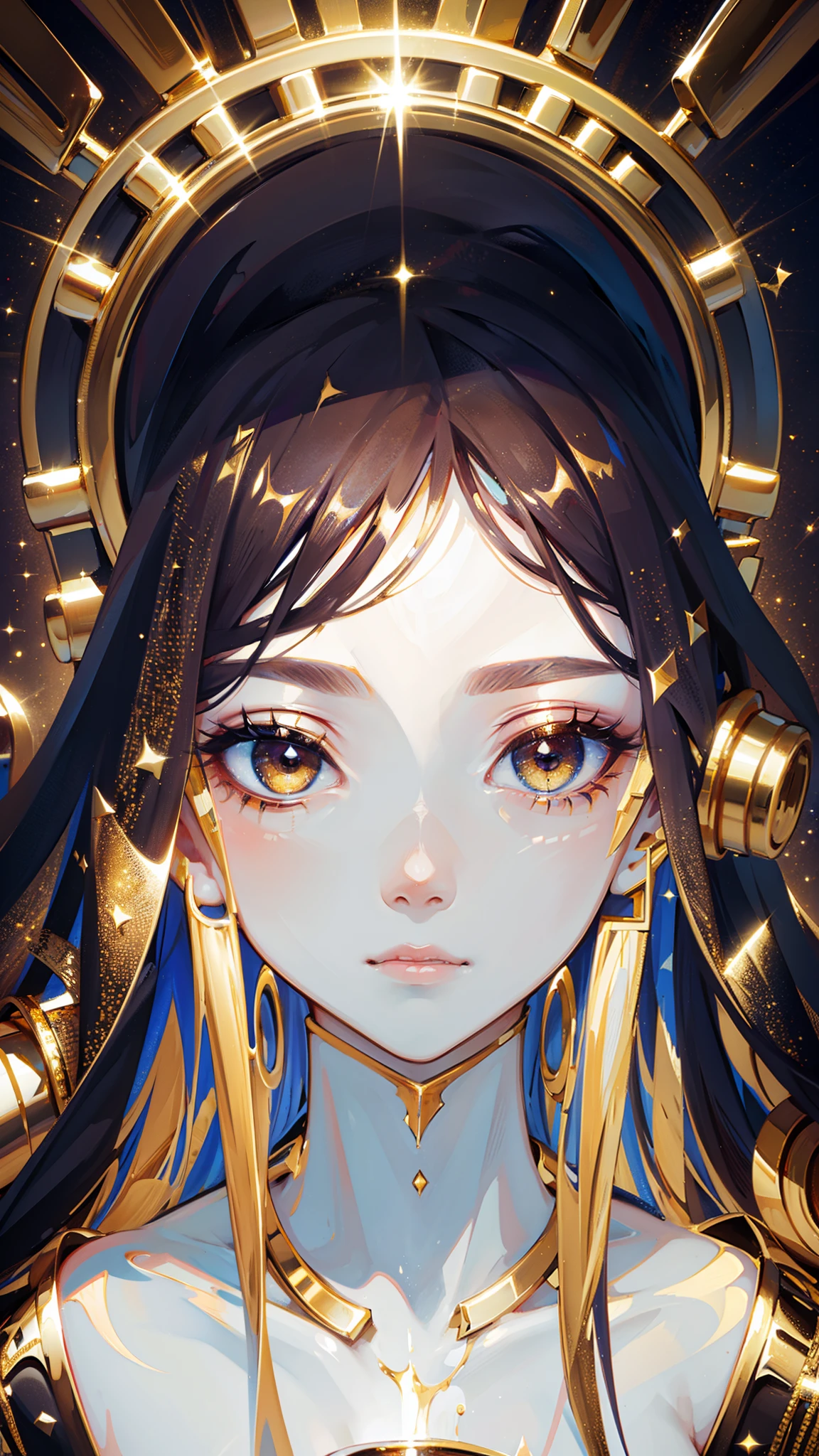 High quality. High details. 8K. Gold eyes. Holding a gold cup. Melting makeup. Crackled skin. Klimt. Esoteric. Power