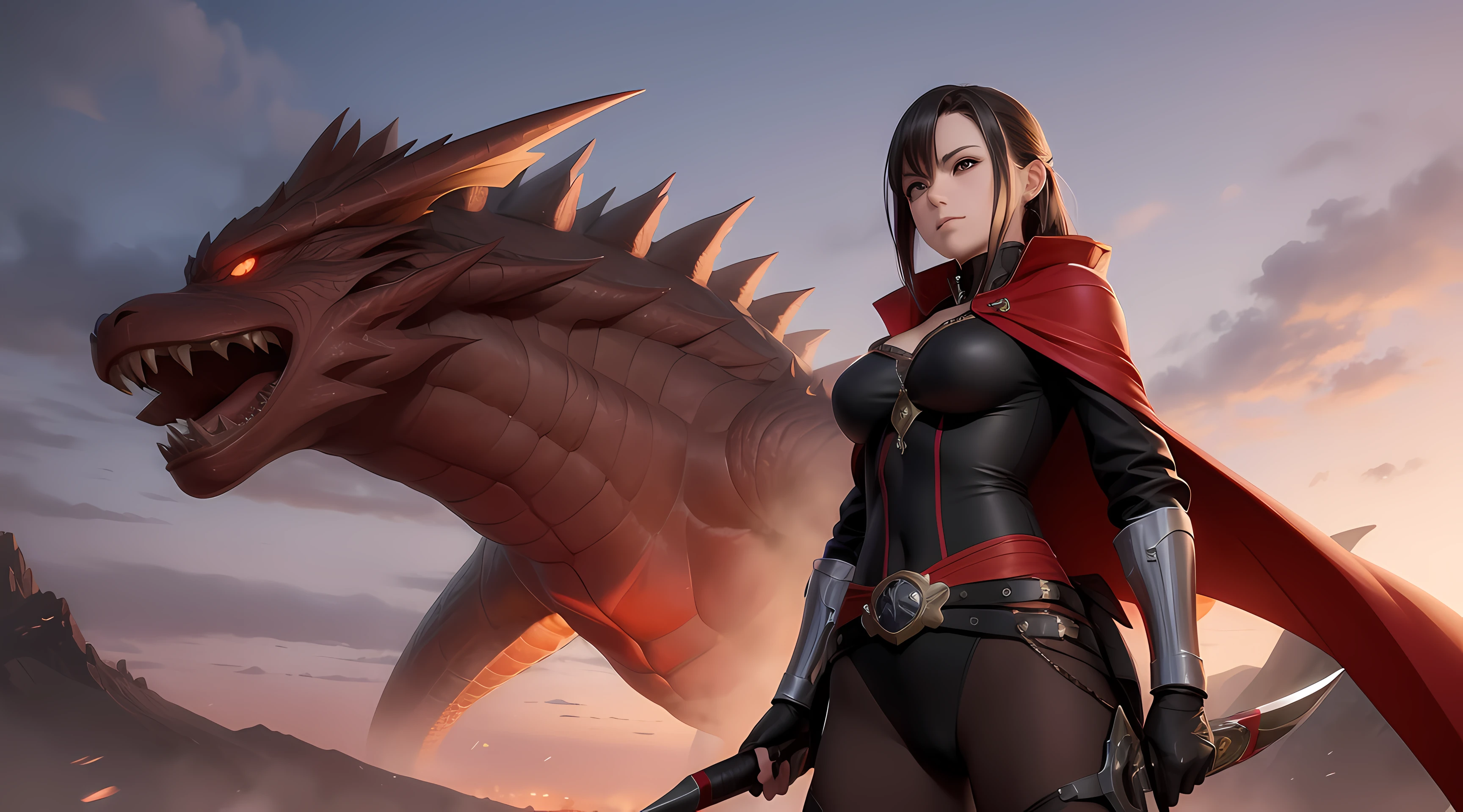 anime - imagem de estilo de uma mulher em uma roupa vermelha com uma espada, Artgerm extremamente detalhado, Anime Art Wallpaper 8K, 4 k manga wallpaper, badass anime 8 k, papel de parede anime 4k, Anime Art Wallpaper 4K, Anime Art Wallpaper 4K, cushart krenz arte chave feminina, Estilo anime 4K, female action anime girl, with mountainous environment with dragons in the background of blurred image