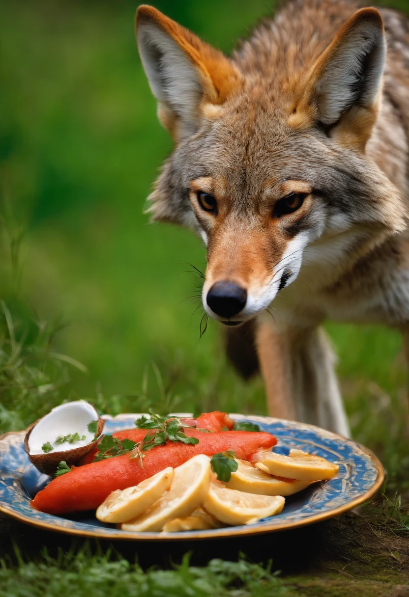 coyote eating fish from a plate
