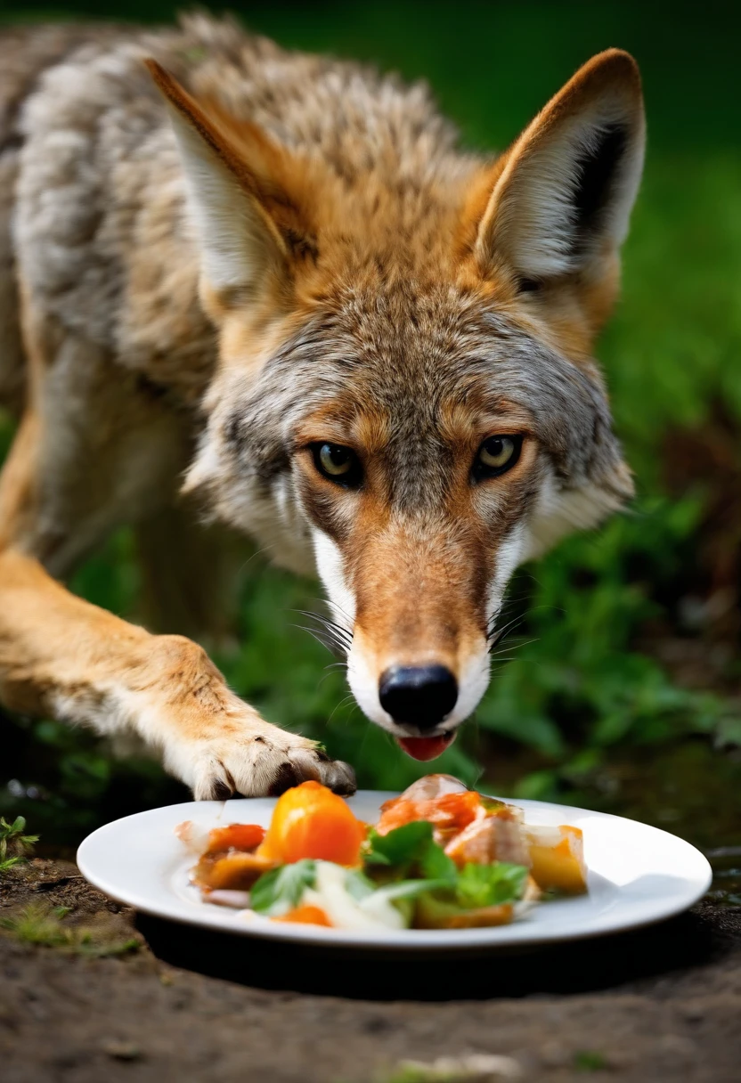 coyote eating fish from a plate