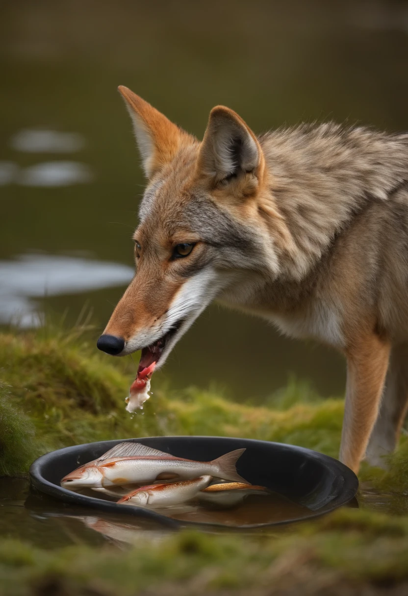 coyote eating fish from a plate